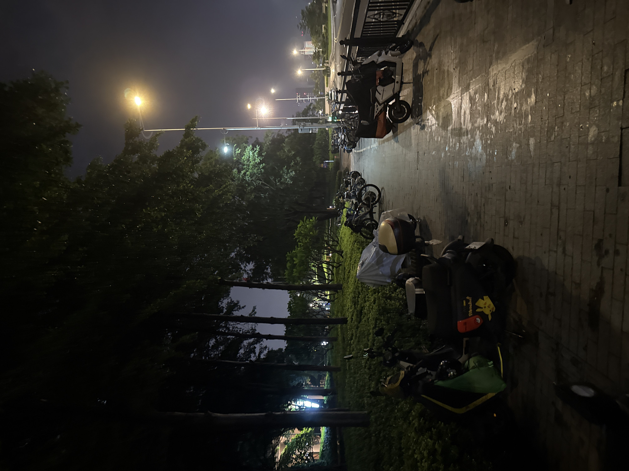 This nighttime image captures a street scene in Haizhu District, China, characterized by a row of parked electric scooters and bicycles. The scene is illuminated by streetlights and the glow from the dark sky, creating a slightly hazy atmosphere. The pavement is wet, suggesting recent rain or high humidity.
The foreground features several parked electric scooters, some of which are covered with white tarps. One scooter, more prominently visible, has a black storage box with a colorful graphic of the character Pikachu. Adjacent to the scooters are bicycles, and further down the sidewalk, more scooters and bikes are lined up. A metal railing runs along the edge of the sidewalk.
To the left of the sidewalk, there is a strip of lush green grass and trees, creating a park-like setting. The trees are dense and tall, with some foliage illuminated by the streetlights. In the background, more streetlights are visible, casting a warm glow on the surroundings. The overall impression is one of an urban environment at rest during the night, with a focus on the parked personal transport vehicles. There is no discernible activity taking place; the image appears to be a static depiction of the scene. The visual elements suggest a humid, possibly rainy evening.