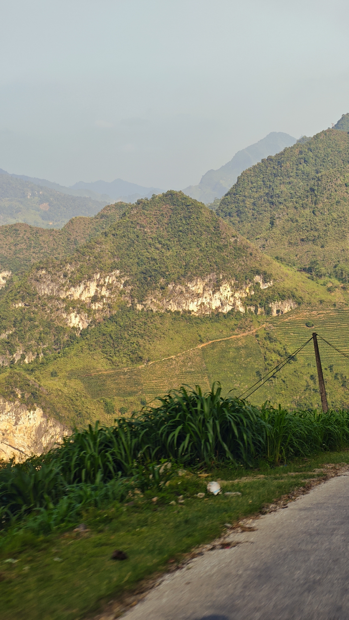 The image shows a mountainous landscape in Đường Thượng Commune, Vietnam. In the foreground is the edge of a paved road with grass and tall green plants growing along it. There is a white piece of trash on the ground among the vegetation. In the middle ground, terraced fields are carved into the hillside, and a dirt path winds its way along the slope. A utility pole with wires is visible on the right side of the image. In the background, a series of green mountains recede into the distance, their peaks shrouded in a light haze. The overall scene suggests a rural and mountainous region with agricultural activity.