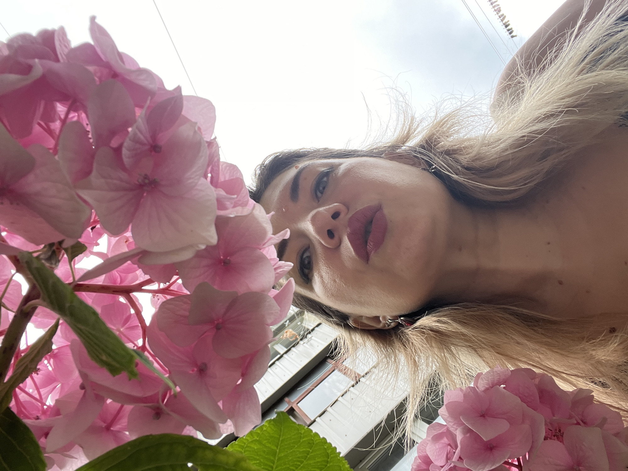This is a low-angle, close-up, wide shot of a young woman with blonde hair and light skin, posing with a cluster of pink hydrangeas. She is looking up towards the camera, with her face partially obscured by the flowers. Her lips are painted with a dark pink lipstick. Her eyes are visible and her eyebrows are dark. Her hair is long and wavy. The background is a bright, overcast sky with some power lines visible. Below the sky and behind the flowers, a building with white and grey panels and windows can be seen, suggesting an urban or semi-urban setting. The overall mood is intimate and artistic, with a focus on the interplay between the woman and the natural elements. The time of day appears to be daytime, with diffused light indicating overcast or cloudy weather. The location context is Sochi, Russia. There is no visible text in the image.