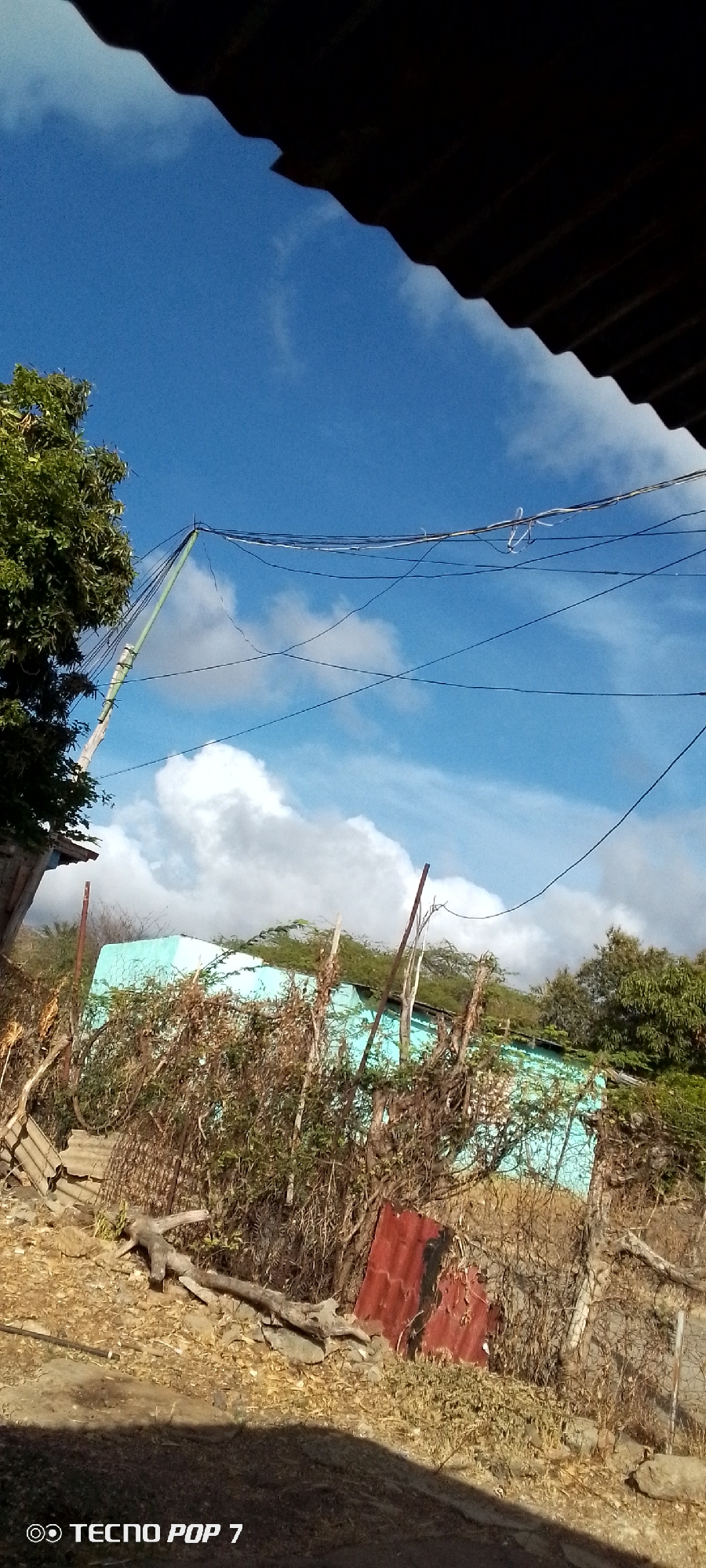 The image depicts a view in Altagracia, Venezuela. The scene is dominated by a bright blue sky with scattered white clouds. Electrical wires stretch across the sky. Below, a dilapidated structure or building is partially obscured by dense, dry vegetation and a makeshift fence constructed from wooden posts and wire. A section of corrugated metal sheeting, possibly reused as part of the fence or barrier, is visible on the ground. A dead branch or piece of wood lies on the ground in the foreground. In the upper right corner, a section of a dark roof is visible, suggesting the perspective is from under an overhang. The lower left corner bears the inscription "TECNO POP 7," indicating the device used to take the picture.