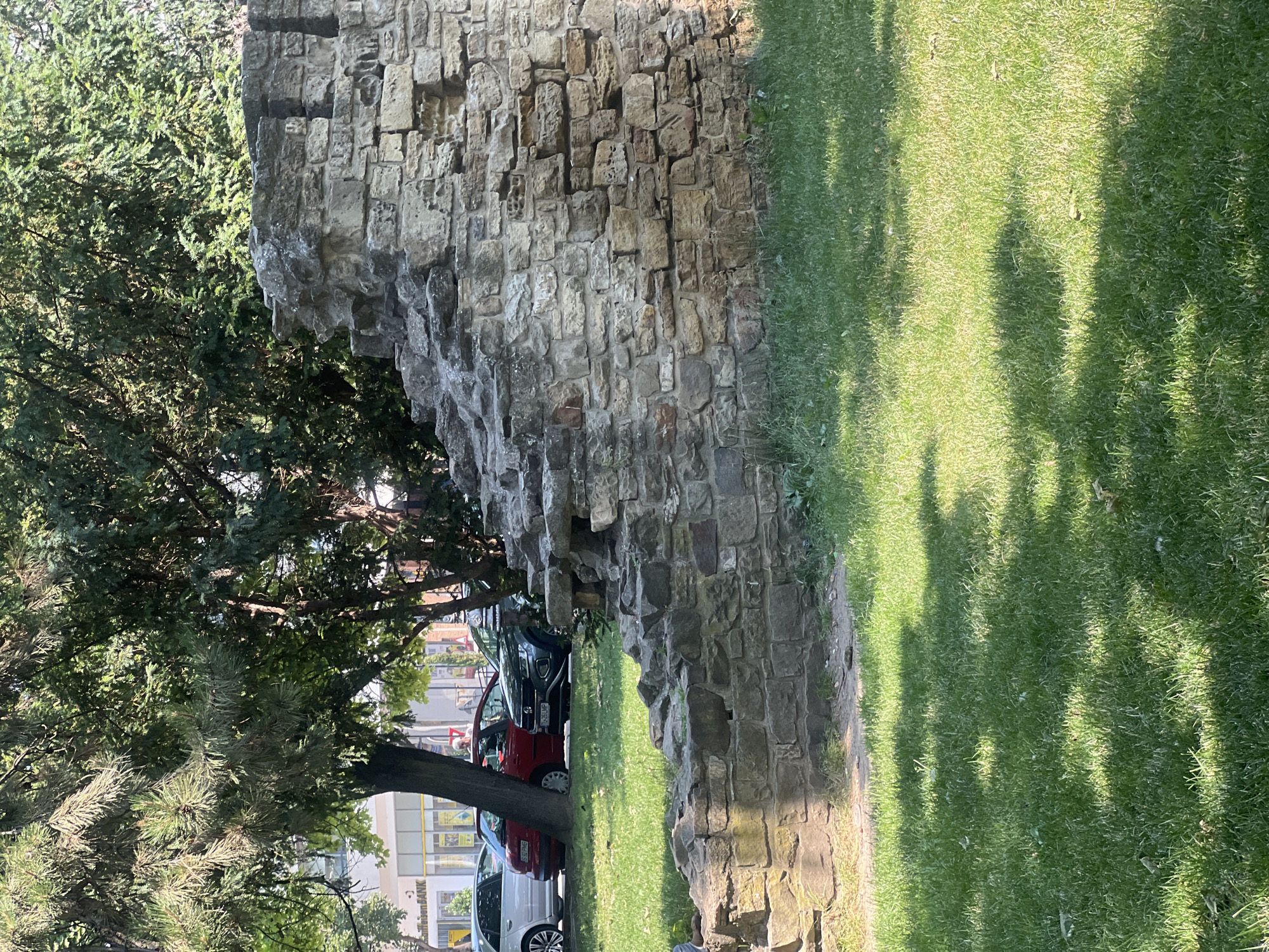 The image shows a portion of the ruins of the Princely Court of Iași, Romania. In the foreground, a section of a stone wall, part of the ancient fortifications, is visible. The wall is made of rough-hewn stones of various sizes and colors, showing signs of age and weathering. The stones are stacked in an irregular pattern, creating a textured surface. Behind the wall, a grassy area with dappled sunlight and shadows from trees stretches out. In the background, several cars are parked on a street lined with buildings, one of which has a Raiffeisen Bank sign. Lush green trees, including what appears to be a pine tree with its needles clearly visible, overhang the scene, casting shadows on the wall and grass. The overall impression is of a historical site integrated into a modern urban environment.