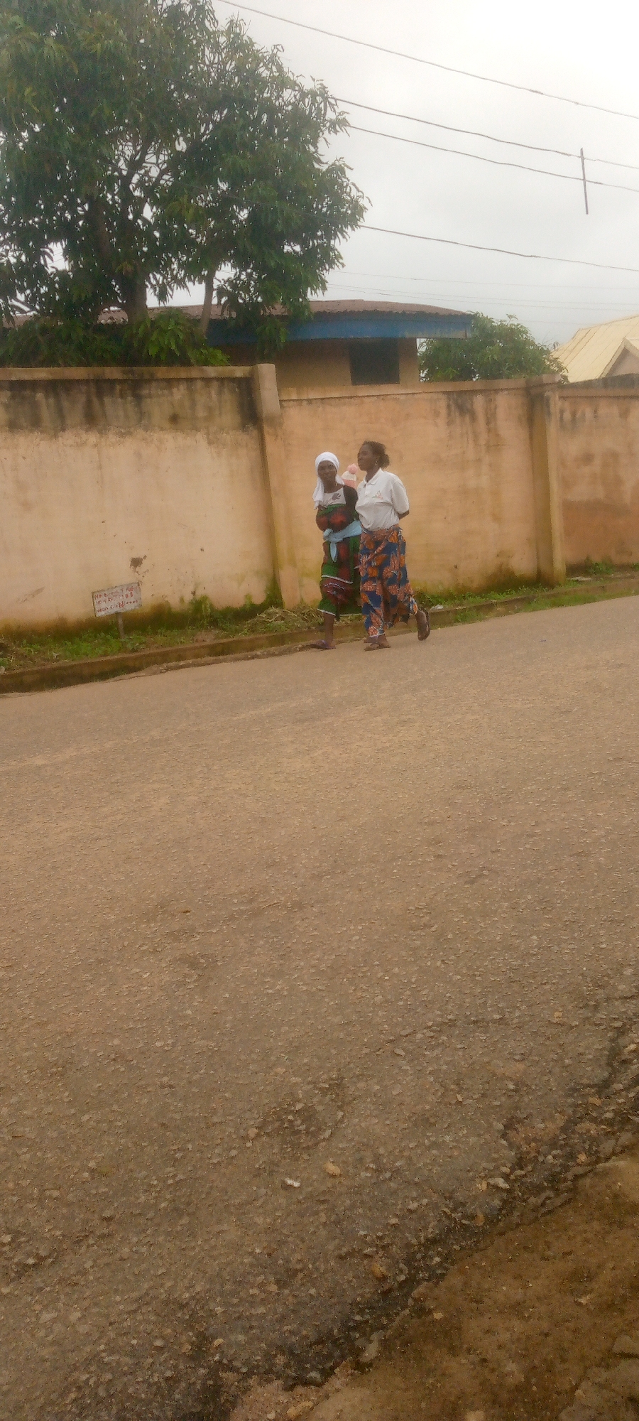 Two women are walking on a paved road in front of a tan wall. The woman on the left is wearing a colorful patterned skirt and a white headscarf. The woman on the right is wearing a white shirt and a patterned skirt. Behind them, a large tree with green leaves stands near a building with a blue trim. The sky is overcast.