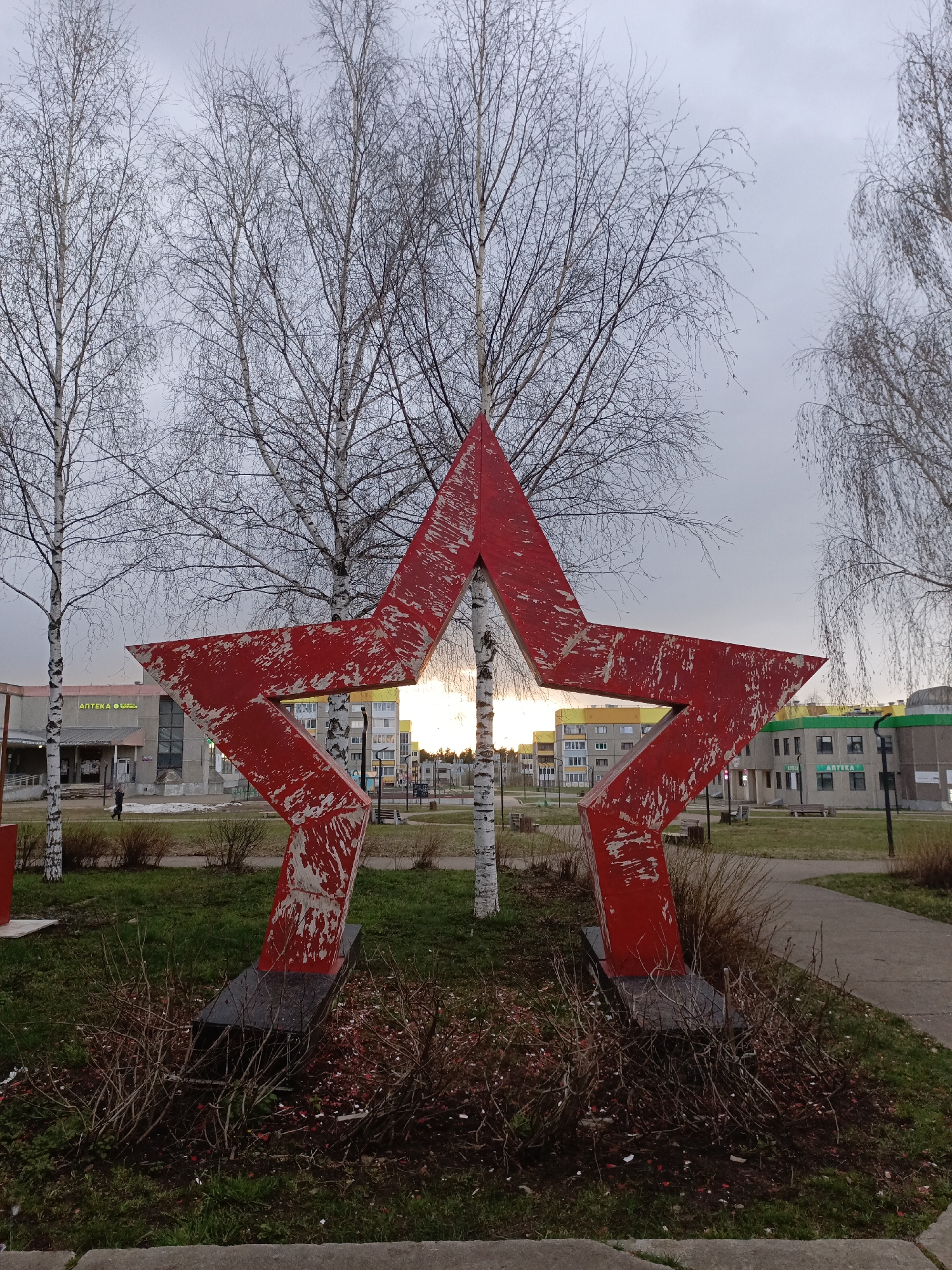 The image depicts an outdoor scene in a public green space or park, likely in Markovsky, Russia, under an overcast, grey sky. The time of day appears to be late afternoon or early morning, with a faint yellowish glow on the horizon visible through the star's points and behind distant buildings.
The central subject is a large, weathered red five-pointed star sculpture in the foreground. The star, possibly made of metal or concrete, shows significant wear, with much of its red paint peeling and chipped, revealing a lighter material underneath. It is supported by two dark, rectangular bases. Bare birch trees with white bark and intricate branches frame the sculpture and pass through its open center, suggesting late autumn, winter, or early spring.
The ground surrounding the star is covered in green grass and sparse, dry brown shrubs, with small red debris (likely paint flakes) scattered near the sculpture's base. Paved pathways are visible throughout the scene.
In the background, typical post-Soviet era buildings are present. On the left, a low-rise commercial building with a grey facade displays Cyrillic text: "АПТЕКА" (Pharmacy) and partially visible "ТОВАРЫ ЗДОРОВЬЯ" (Health Goods). A single person, dressed in dark clothing, can be seen walking near this building. Further back and to the right, multi-story residential apartment buildings with grey facades and colorful yellow and green accents are visible. Another building on the far right also shows the word "АПТЕКА". The overall scene conveys a quiet, somewhat stark atmosphere, characteristic of a cold, grey day in a residential area.