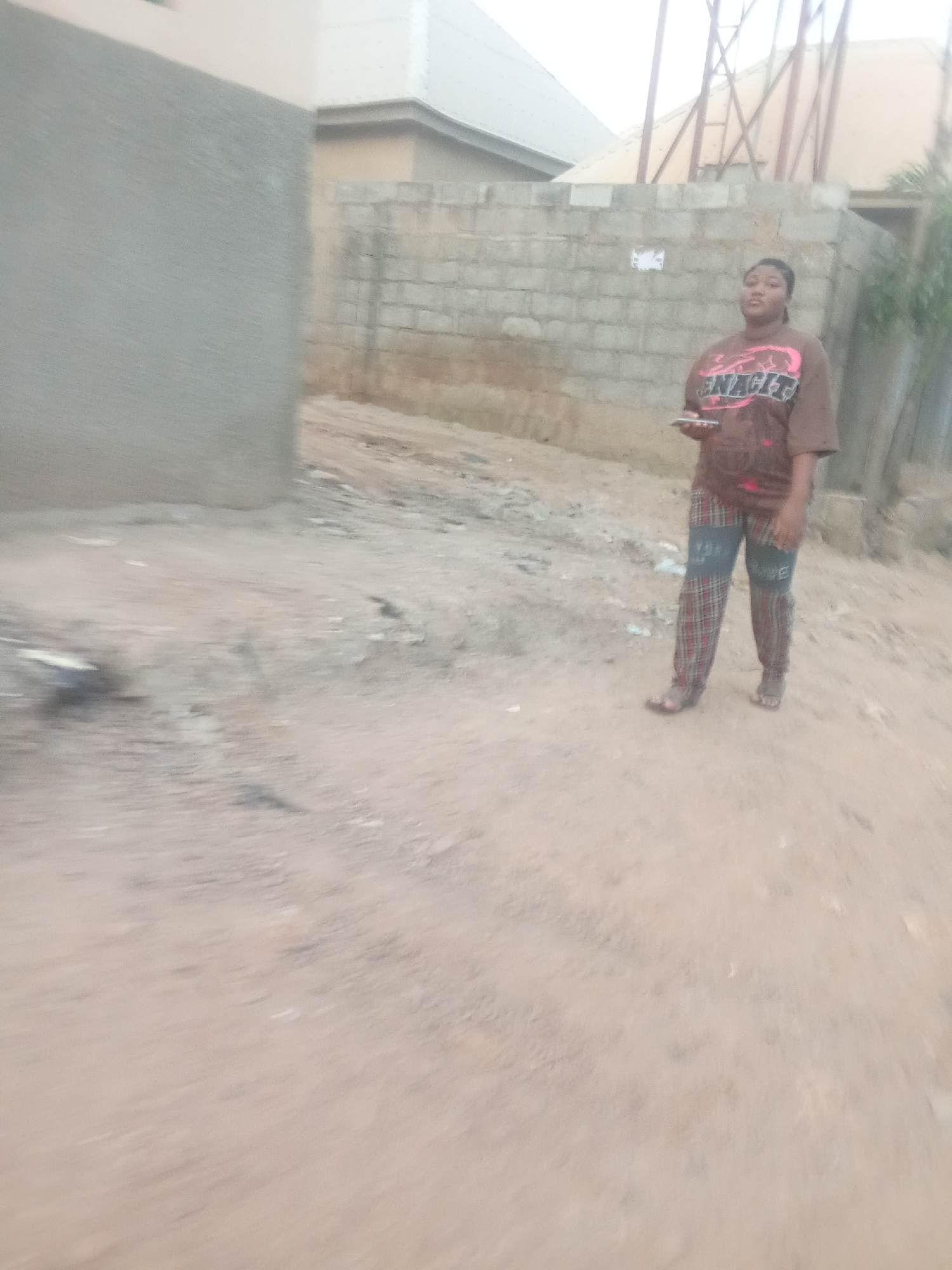 In Kagini, Nigeria, a young woman stands on a dirt path in front of a brick wall. She is wearing a brown t-shirt with a graphic print and plaid pants. She is holding a mobile phone in her right hand. The background shows a building and some vegetation. The ground is covered in loose dirt and small stones.