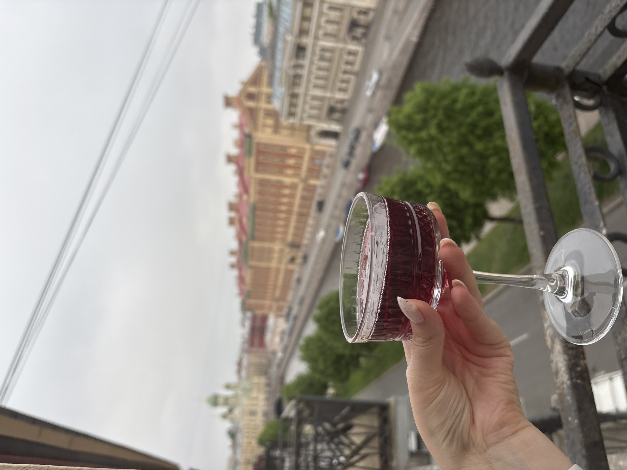 The image shows a person holding a glass of red wine on a balcony overlooking a cityscape. The buildings in the background are identifiable as being in Saint Petersburg, Russia, based on their architectural style. Trees are visible along the street. A dark metal railing is in the foreground, partially obscuring the view. The sky is overcast.