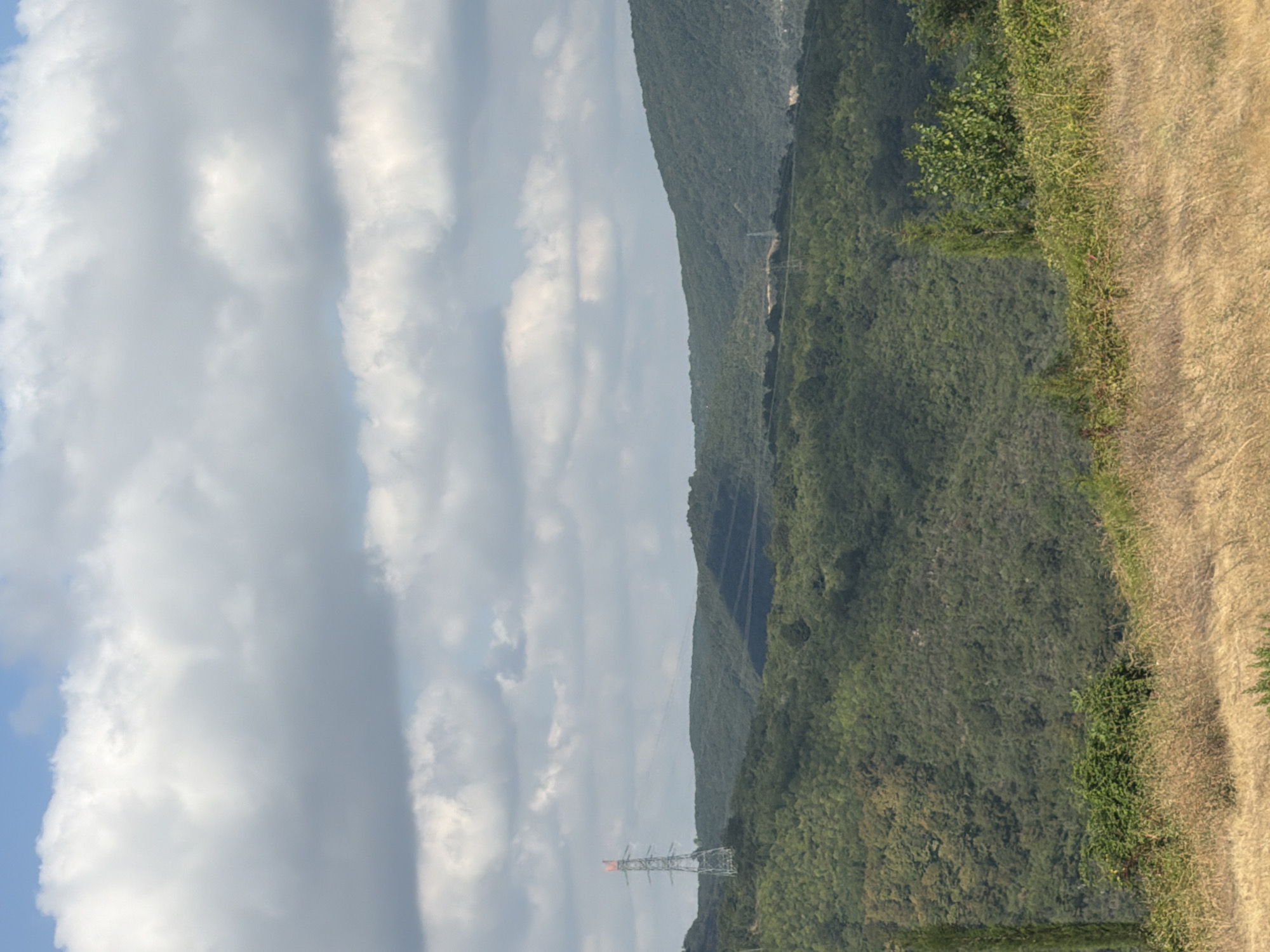 The image depicts a landscape with rolling green hills under a cloudy sky. A tall, lattice transmission tower stands on a hill to the left, topped with an orange warning light. The foreground is covered in dry, golden grass. The background features dense green forests covering the hills, with shadows suggesting the terrain is uneven. The scene appears to be a natural landscape with some man-made infrastructure, likely in a rural or semi-rural area. The location is identified as Izmit, Turkey.