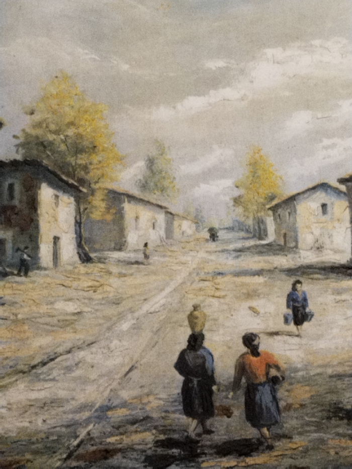 An aged painting depicts a rural scene with women carrying items on their heads and in their hands down a dirt road. Buildings line both sides of the road, with trees interspersed. Distant figures walk further down the road. The sky is overcast with clouds, suggesting a subdued atmosphere. The style is reminiscent of impressionism, focusing on capturing the essence of the scene rather than precise detail.