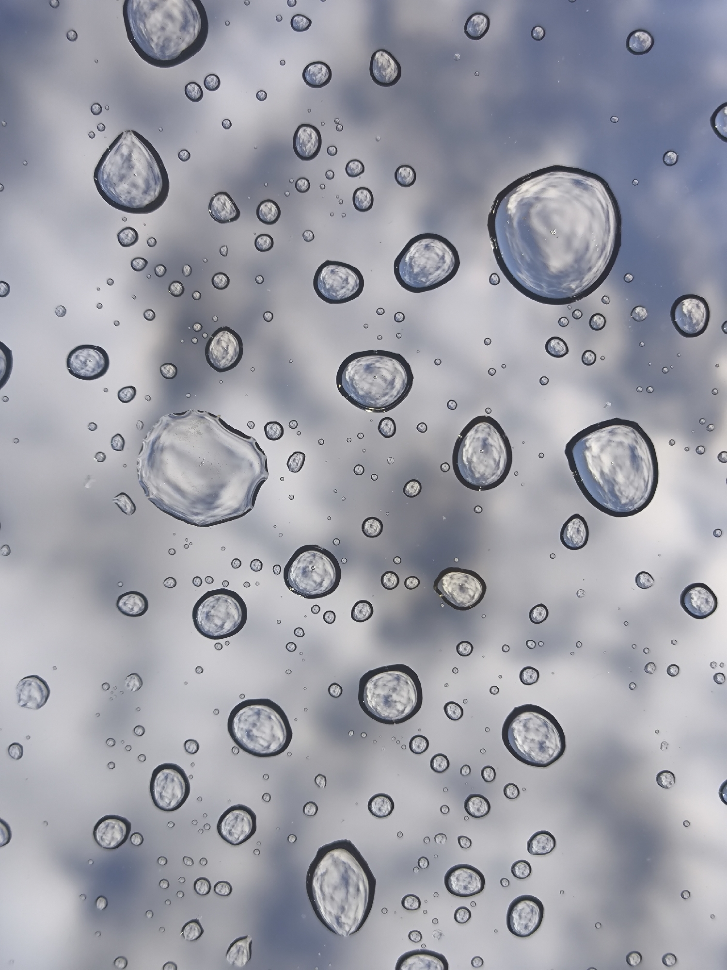 This is a close-up, vertical, eye-level shot of water droplets on a glass surface, possibly a window. The droplets vary in size, with some large and teardrop-shaped, and many smaller, circular ones scattered throughout. Each droplet acts as a lens, distorting and reflecting the cloudy, grey sky visible in the background. The sky appears to have some lighter areas, suggesting patches of sunlight breaking through. The image is sharply focused on the water droplets, highlighting their spherical forms and the textures within them. The overall impression is one of a rainy or misty day.
There is no discernible location in the city of Kaliningrad, Russia, indicated by the image itself. The scene is generic and could be anywhere with a cloudy sky and a glass surface. There are no people, animals, or specific urban features present. The objects are limited to water droplets and the glass surface, with the sky as the backdrop. No actions or interactions are depicted.