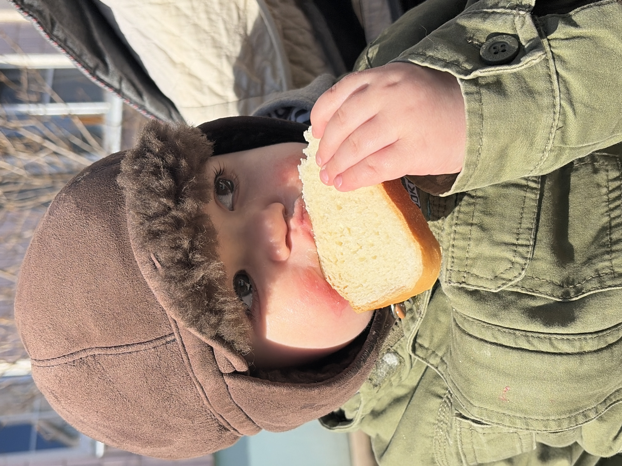 A young child is depicted in a close-up, outdoor scene under bright sunlight in Chaikovsky, Russia. The child wears a brown, suede-textured ear-flap hat with dark brown fur trim, and an olive-green canvas jacket with visible stitching and pockets. The child is actively eating a thick slice of white bread, held to the mouth with the right hand. Both cheeks display a rosy-red coloration, and a red stain is present around the mouth. The background is blurred, showing bare tree branches, a building section with a window, and a pale blue surface, possibly a wall or sky. A dark and light-colored textile object is partially visible on the right side of the frame.