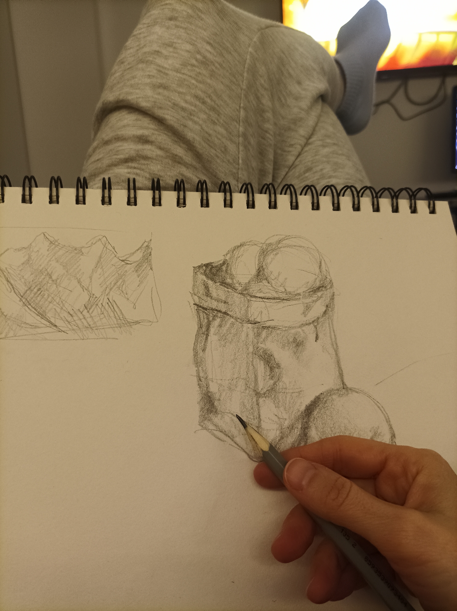 The image shows a sketchbook in the foreground with two pencil sketches on it. One sketch depicts a mountain range, and the other is a bag filled with round objects, possibly fruit. A hand holds a pencil, appearing to be in the process of adding detail to the bag sketch. The background is blurred and features a person wearing grey sweatpants with one leg raised and a socked foot. A television is visible behind them, displaying bright colors. The scene is indoors and appears to be a casual setting. There is no information to specify it as being in the city of Batumi, Georgia.