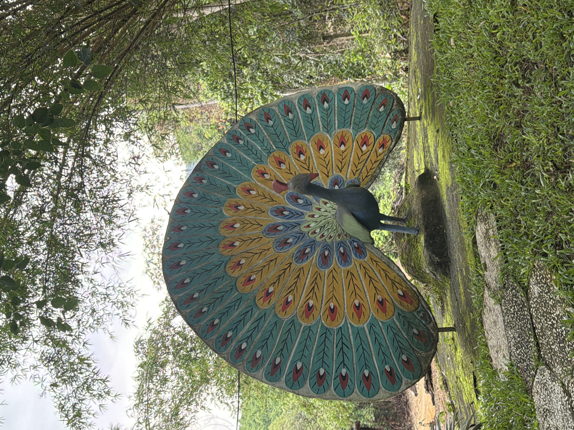 A statue of a peacock with its tail feathers fanned out is situated on a stone platform covered in moss. The peacock statue is dark blue with a red beak. The fanned tail feathers are painted in vibrant colors, including teal, yellow, blue, and red, with black accents. In the background, lush green trees and foliage are visible, suggesting an outdoor setting, possibly a park or garden. A stone pathway with grass growing between the stones leads towards the statue. The sky is overcast. The overall scene is natural and slightly weathered. The location is in Khanh Vinh, Vietnam.