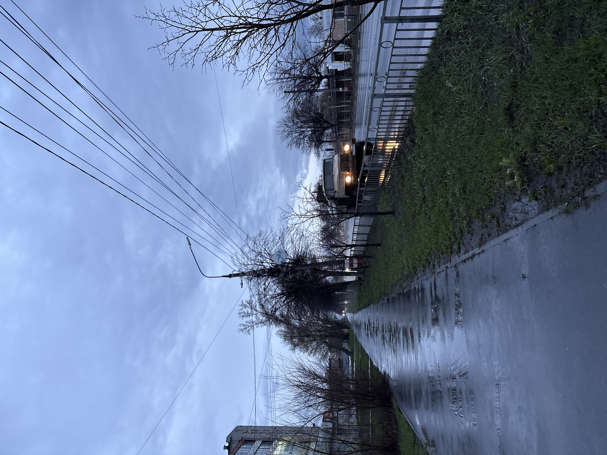 The image captures a wet street scene in Ulyanovsk, Russia, under an overcast sky, likely after recent rainfall. The perspective is from a pedestrian's eye level, looking along a path parallel to a road.
In the foreground, a dark, wet asphalt path or sidewalk reflects the dim light and the bare branches of trees. To its right, a strip of green grass and muddy patches runs alongside, bordered by a metal fence.
The midground features a prominent utility pole on the left, from which numerous power lines extend across the cloudy sky, converging towards the distance. A street light is attached to this pole. Beyond the fence and grass, a wet road also reflects the surrounding environment. A light-colored truck, possibly a military or utility vehicle, is visible further down the road with its headlights illuminated, casting bright reflections on the damp asphalt. Numerous deciduous trees, bare of leaves, line the street and are scattered throughout the scene, suggesting late autumn, winter, or early spring.
In the background, indistinct buildings are visible. One building on the far left foreground has large windows reflecting light. On a building further back, text partially visible appears to include "УЛЬЯНОВСК," confirming the location.
The sky is uniformly grey and cloudy, contributing to a subdued lighting condition. The truck's illuminated headlights, coupled with the overall dimness, suggest either early morning, late afternoon, or persistently dark, rainy weather. The wet surfaces throughout the scene create reflections, adding a sense of calm and quiet to the urban/suburban landscape.