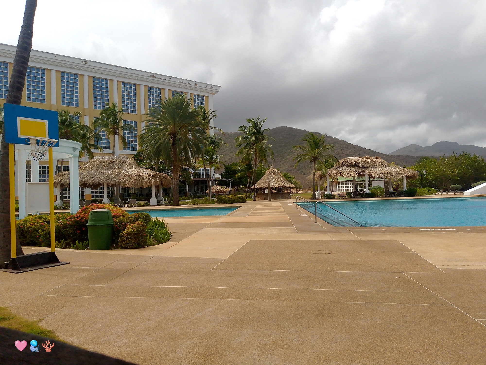 The image depicts an outdoor scene near a swimming pool in what appears to be a resort or hotel complex. The location is likely Pedro González, Venezuela. In the foreground is a large paved area made of concrete slabs. A basketball hoop is on the left side of the frame with a palm tree beside it. Behind the basketball hoop is a green trash can surrounded by flowering plants. Beyond the paved area are two swimming pools separated by a walkway. Several thatched-roof cabanas are located near the pools. In the background is a light yellow building with a white trim, featuring multiple windows arranged in a grid-like pattern. Palm trees are scattered throughout the scene. In the distance, mountains are visible under an overcast sky.