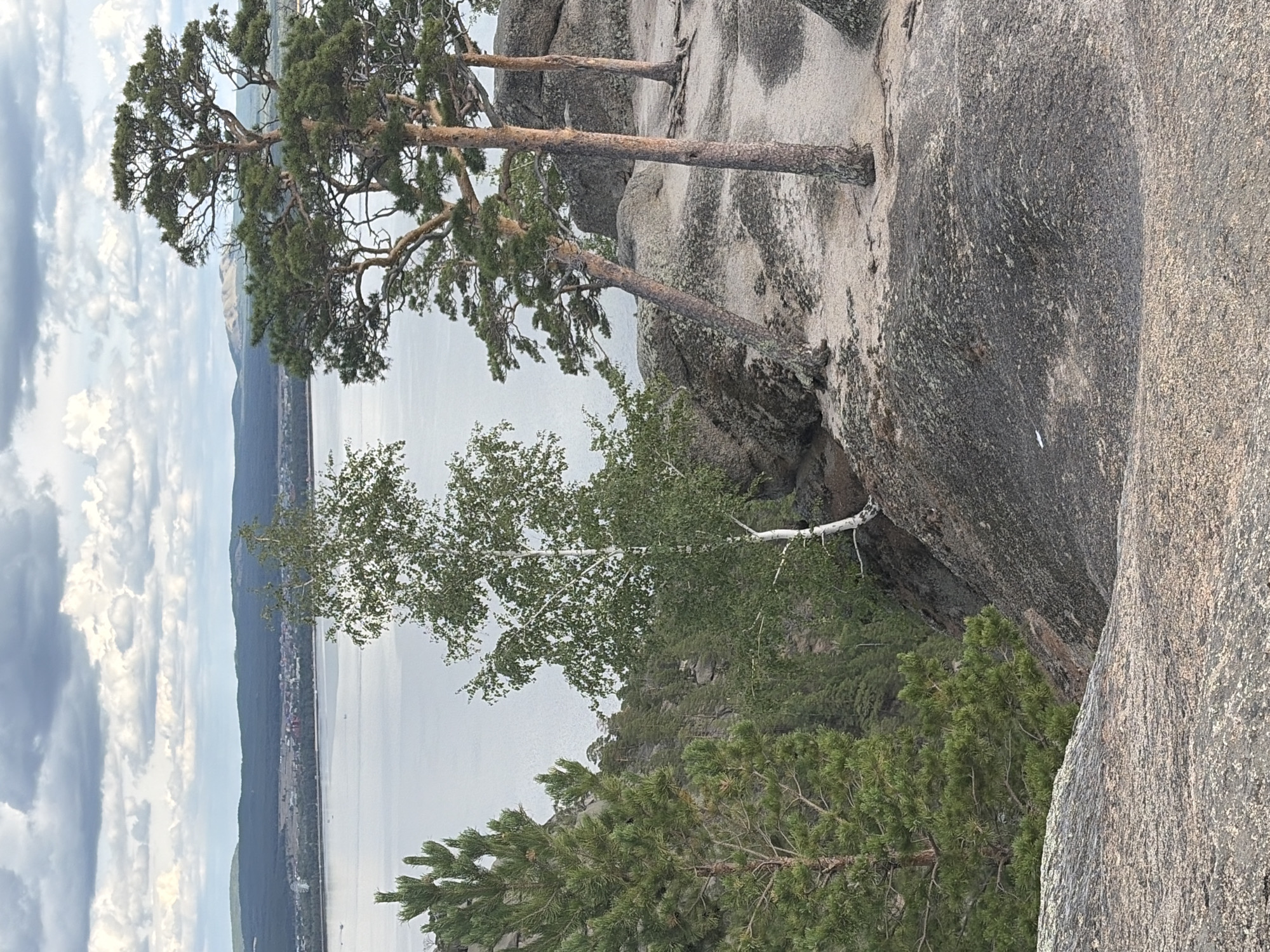 The image depicts a natural landscape with a body of water in the background, bordered by a forested shoreline and rolling hills under a cloudy sky. In the foreground, several trees, including pine and birch, grow on rocky terrain. The terrain is characterized by large boulders and patches of sand and sparse vegetation. The overall scene suggests a serene, possibly mountainous or hilly, environment. The location is identified as Зелёный Бор ауылдық округі, Kazakhstan. There are no people or visible signs of human activity beyond what might be a distant settlement along the shoreline.