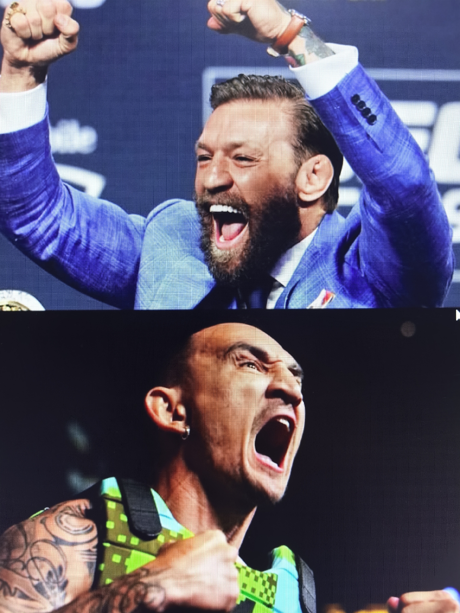 The image is a split photograph showing two men. The top half features a man in a blue suit with his arms raised in celebration. He has a beard and is wearing a ring on his left hand. The background is a blurred blue screen. The bottom half shows a man with tattoos on his arms, wearing a green and blue patterned vest. He is also shouting with his mouth open and his fists clenched. The background is dark. The location in Fergana City, Uzbekistan is not discernible from the image.