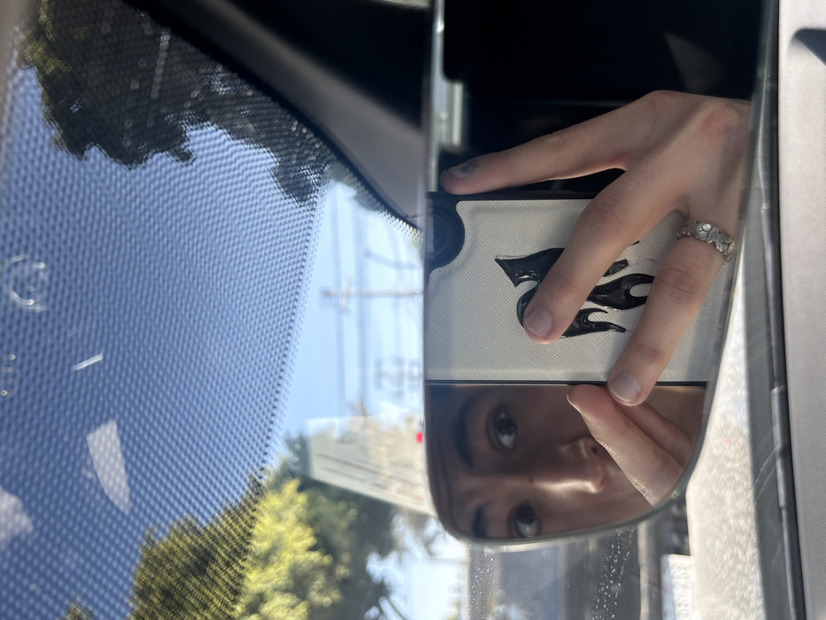 The interior of a car is visible through the windshield and the rearview mirror. The mirror reflects a person's face, partially obscured by a white card with black flame-like designs, held by a hand wearing a floral ring. The windshield shows a blurred view of trees and power lines against a blue sky. The dashboard and car frame provide a dark border to the scene.