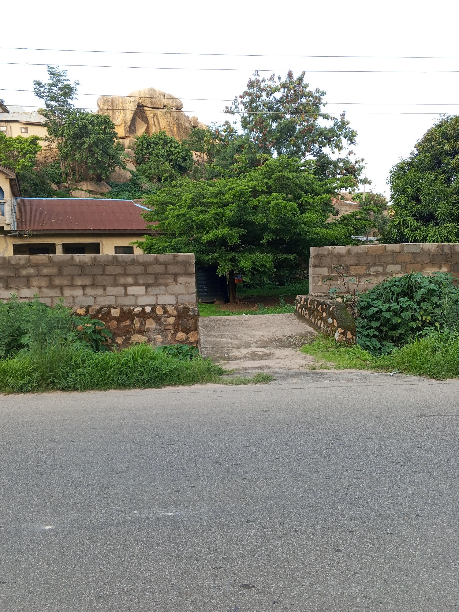 The image captures an outdoor scene, likely in the city of Kabong, Nigeria. In the foreground, a paved asphalt road occupies the lower portion of the frame. Beyond the road, two brick walls flank an opening, leading to a path or driveway. The wall on the left is constructed of concrete blocks with a lower section of rough-hewn stones. Lush green vegetation, including tall grasses and bushes, grows along the base of this wall. The wall on the right is also made of concrete blocks and has dense green foliage bordering it on the right side.
The pathway between the walls appears to be made of concrete. In the background, a building with a rusty corrugated metal roof is visible, partially obscured by trees and vegetation. Behind the building and to the left, a prominent rocky outcrop with large boulders dominates the landscape. Several trees with green foliage are scattered throughout the scene, with power lines running horizontally across the upper portion of the image. The sky is overcast with a light, hazy appearance. No people are visible in the image.