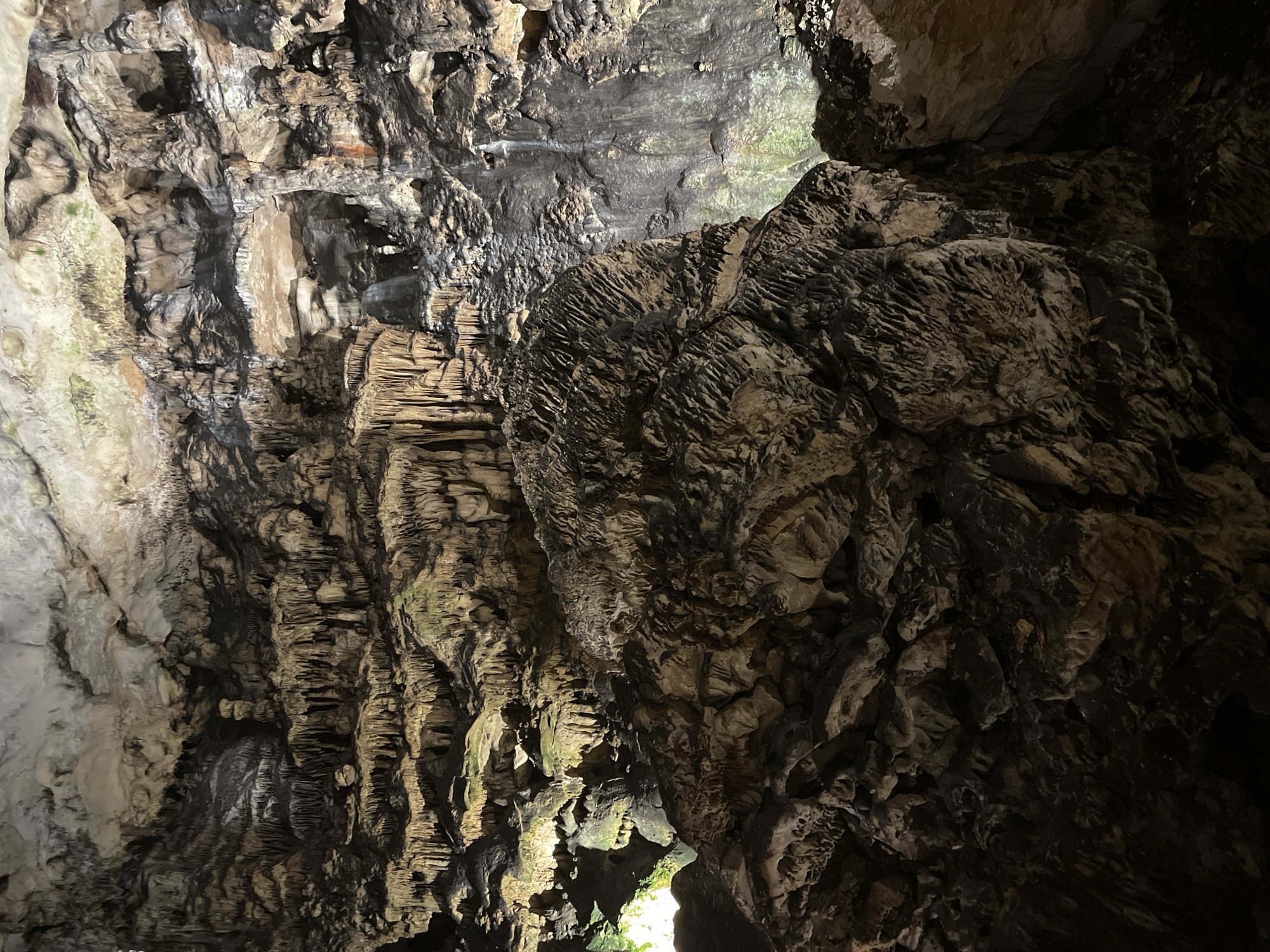 The image displays a detailed view of the illuminated interior of a large cave system, located in the vicinity of Rabisha, Bulgaria. The scene is characterized by extensive geological formations, primarily consisting of various speleothems and rough rock surfaces. The overhead and mid-ground areas feature numerous stalactites of varying lengths and thicknesses, some forming dense clusters and draperies, adhering to an uneven, undulating cave ceiling of light beige and grey rock. Below these, substantial, rugged rock formations and what appear to be large columns or fused stalagmites rise from the cave floor. The textures across the formations range from rough and jagged to smoother, layered flowstone surfaces.
The coloration of the rock is predominantly earthy tones, including light off-white, beige, dark grey, and black, with localized areas exhibiting greenish mineral staining, particularly visible on vertical surfaces on the right side of the frame where signs of water flow are evident. Artificial lighting, primarily spotlights, strategically illuminates specific sections of the cave, creating stark contrasts between brightly lit formations and deep shadows, enhancing the dimensionality of the scene. No individuals, animals, or man-made objects are visible within the frame, indicating an uninhabited natural environment. There are no observable actions or interactions occurring within the depicted scene.