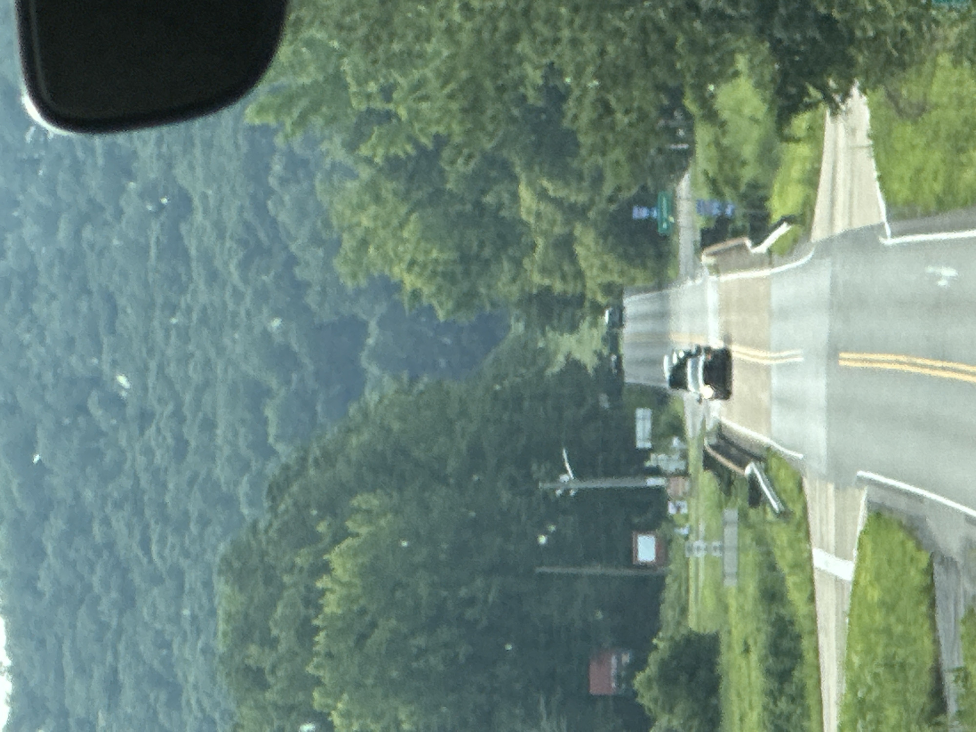 The image shows a two-lane road with yellow double lines, ascending a hill. Two vehicles are visible on the road, both appearing to be SUVs or similar passenger vehicles. The road is bordered by green grass and trees. In the background, a densely wooded hillside rises steeply. The sky is not visible. A black car mirror is partially visible in the upper right corner, suggesting the photo was taken from inside a vehicle. Several signs are visible along the side of the road, including a street light and what appear to be informational or directional signs. The overall scene is rural and hilly.