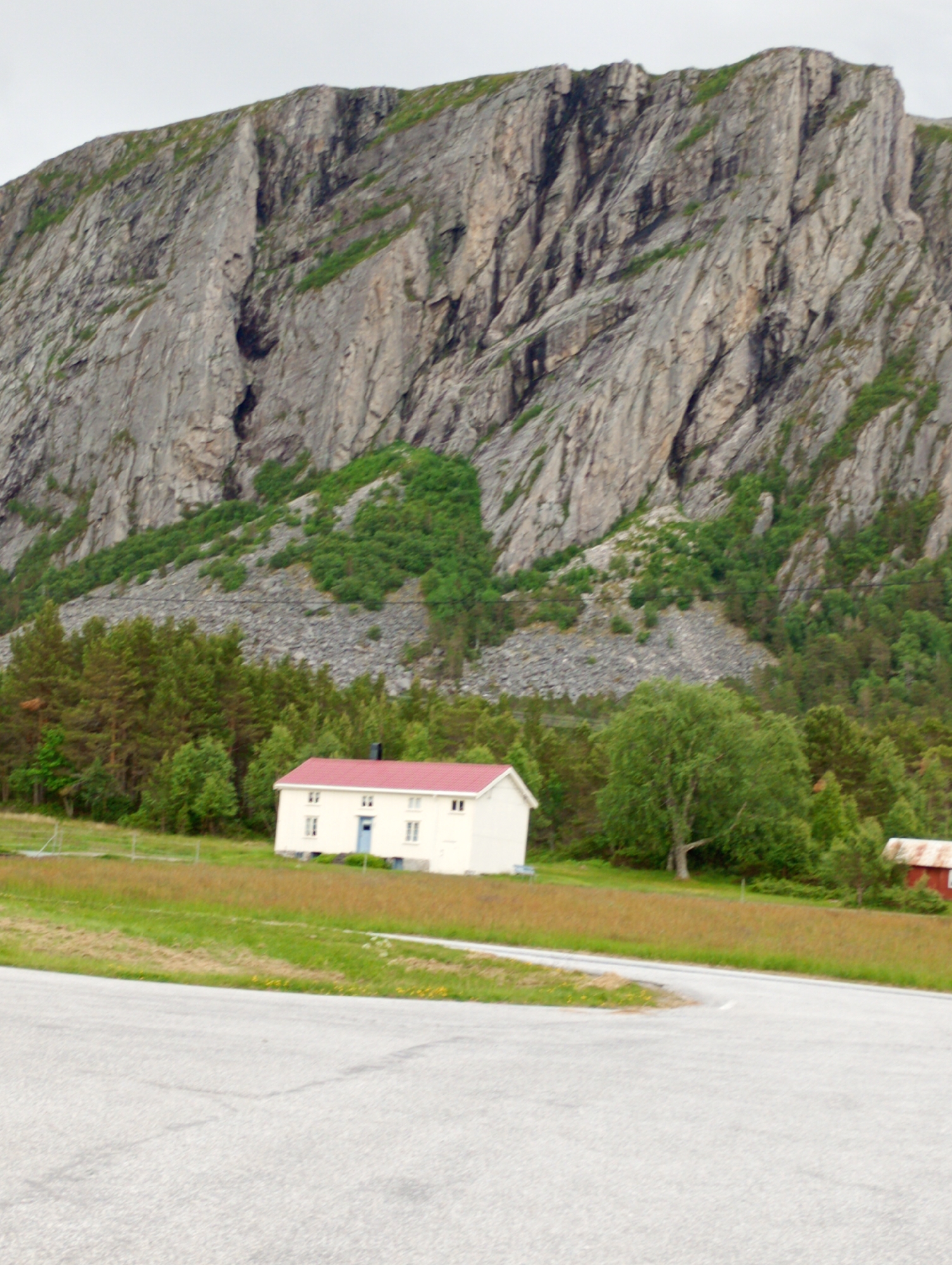 A wide-angle shot captures a rural landscape dominated by a sheer, imposing rock face that rises steeply into a hazy sky. The rock face is a mosaic of grey tones, marked by vertical fissures and patches of sparse green vegetation clinging to its slopes. At the base of the rock face, a dense forest of green pine trees stretches across the middle ground. Nestled amongst the trees, a small, white house with a red roof stands out. The house has several windows, two of which are visible on the front, flanking a blue door. A thin, black chimney protrudes from the roof. To the right of the house, a smaller red building with a corrugated metal roof is partially visible. The foreground is dominated by a gently curving asphalt road, its surface a light grey with some faint markings. A field of dry, golden grass, interspersed with patches of green and scattered yellow wildflowers, separates the road from the house and trees. The overall impression is one of a remote, peaceful, and slightly rugged natural setting.
