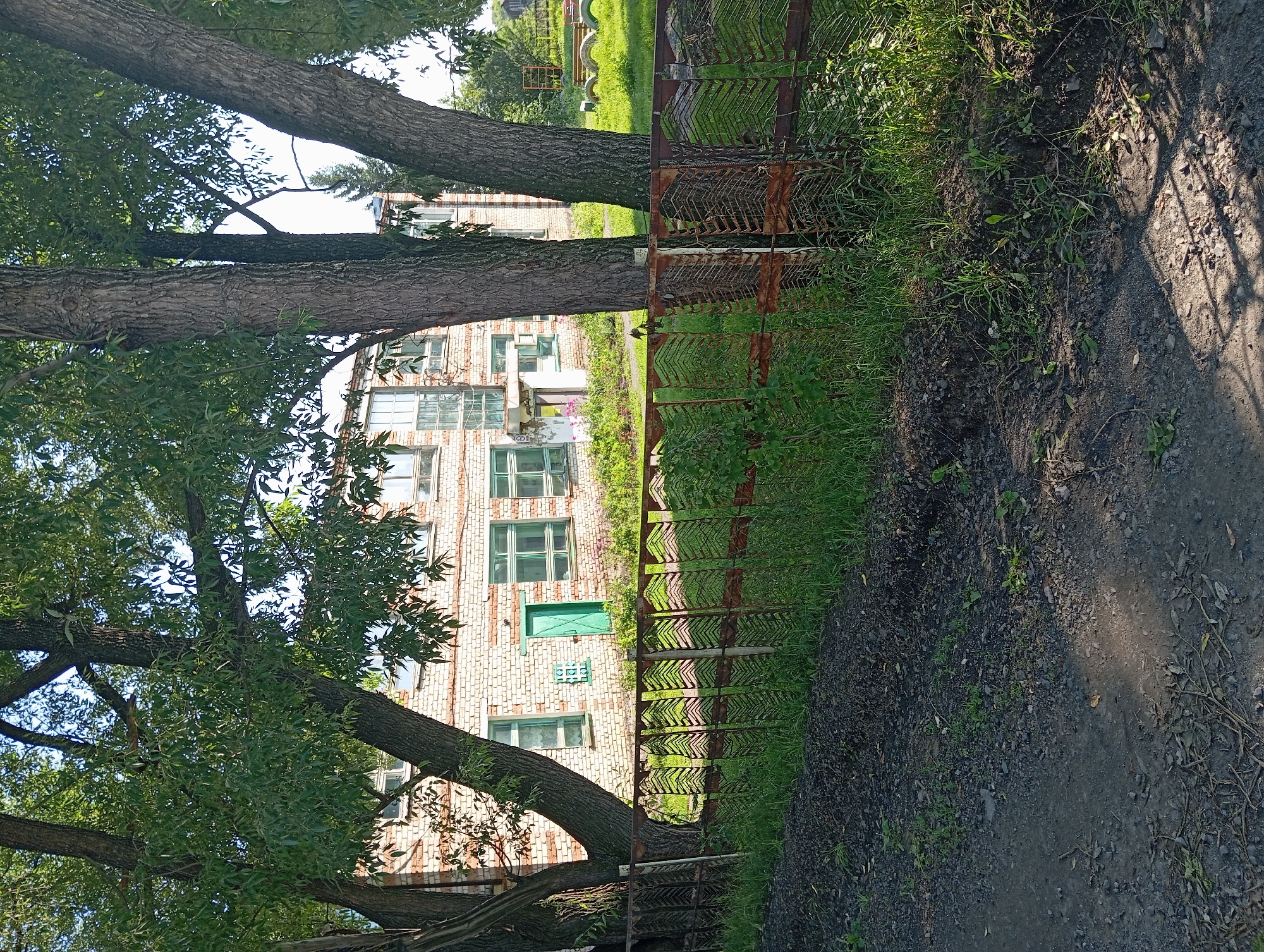 A two-story building with a white brick facade and green-trimmed windows stands behind a rusted metal fence. Trees with green foliage are in the foreground, partially obscuring the building. The ground in front of the fence is covered in gravel and dirt, with grass growing along the fence line. The building appears to be in a rural or suburban setting, possibly in the village of Novokopylovo, Russia, given its architectural style and the surrounding natural elements.