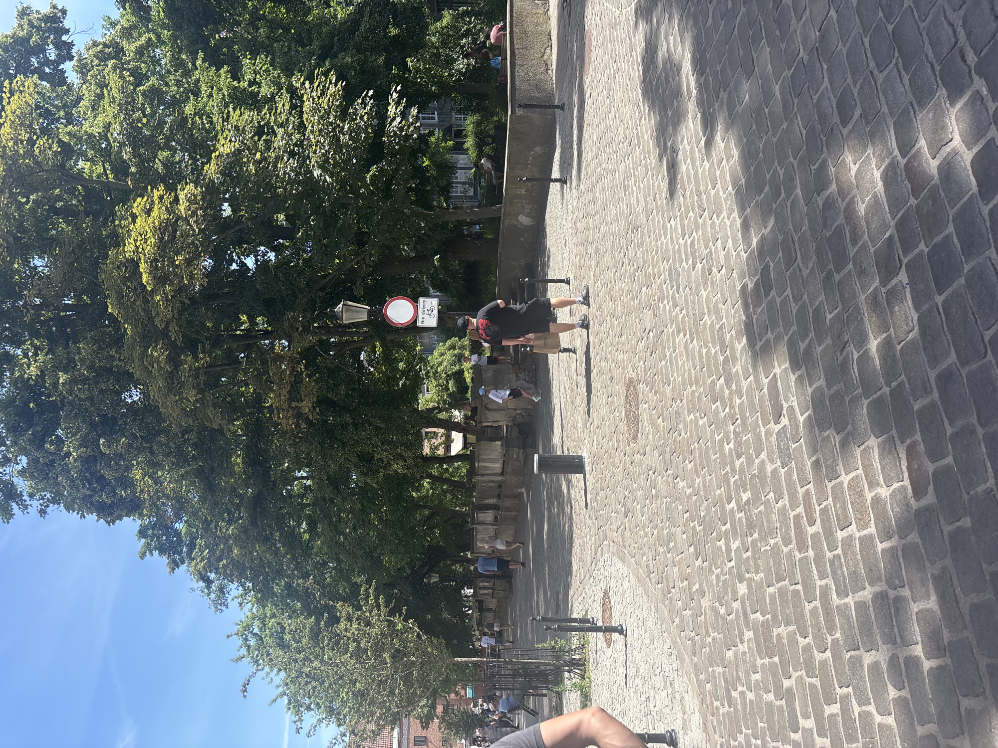 The image shows a cobblestone street lined with trees on the left and a stone wall with people sitting on it on the right. The sun is shining, casting shadows on the ground, suggesting it is daytime. The sky is blue and clear, indicating good weather.
Several people are visible in the scene. In the foreground, a person is partially visible, with their arm and leg in the shot. Further down the street, a person wearing a black t-shirt and shorts is standing near a sign. Other individuals are seated on the wall or walking along the street.
There are several objects in the scene. Lampposts are placed along the street, and a sign with a red circle and a bicycle symbol is visible, indicating a "no cycling" zone. Some benches are placed along the wall.
The setting appears to be an outdoor public space, possibly a park or a pedestrian walkway in a city. The cobblestone pavement and the presence of mature trees suggest an established urban environment. The overall mood seems relaxed and casual, with people enjoying a sunny day outdoors. The text on the sign is in Polish, reading "Nie dotyczy" which translates to "Not applicable" or "Exempt," and a symbol for bicycles.