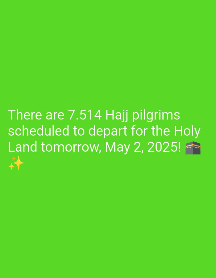 The image is a digital graphic with a lime green background. The text reads "There are 7,514 Hajj pilgrims scheduled to depart for the Holy Land tomorrow, May 2, 2025!" The text is in white, and there is a small graphic of the Kaaba, which is a cube-shaped building in Mecca, Saudi Arabia, and an Islamic pilgrimage site, and two gold sparkle emoji characters. The coordinates provided correspond to a location within Kecamatan Arjasa, Indonesia. However, the image is digital and does not depict a physical scene.