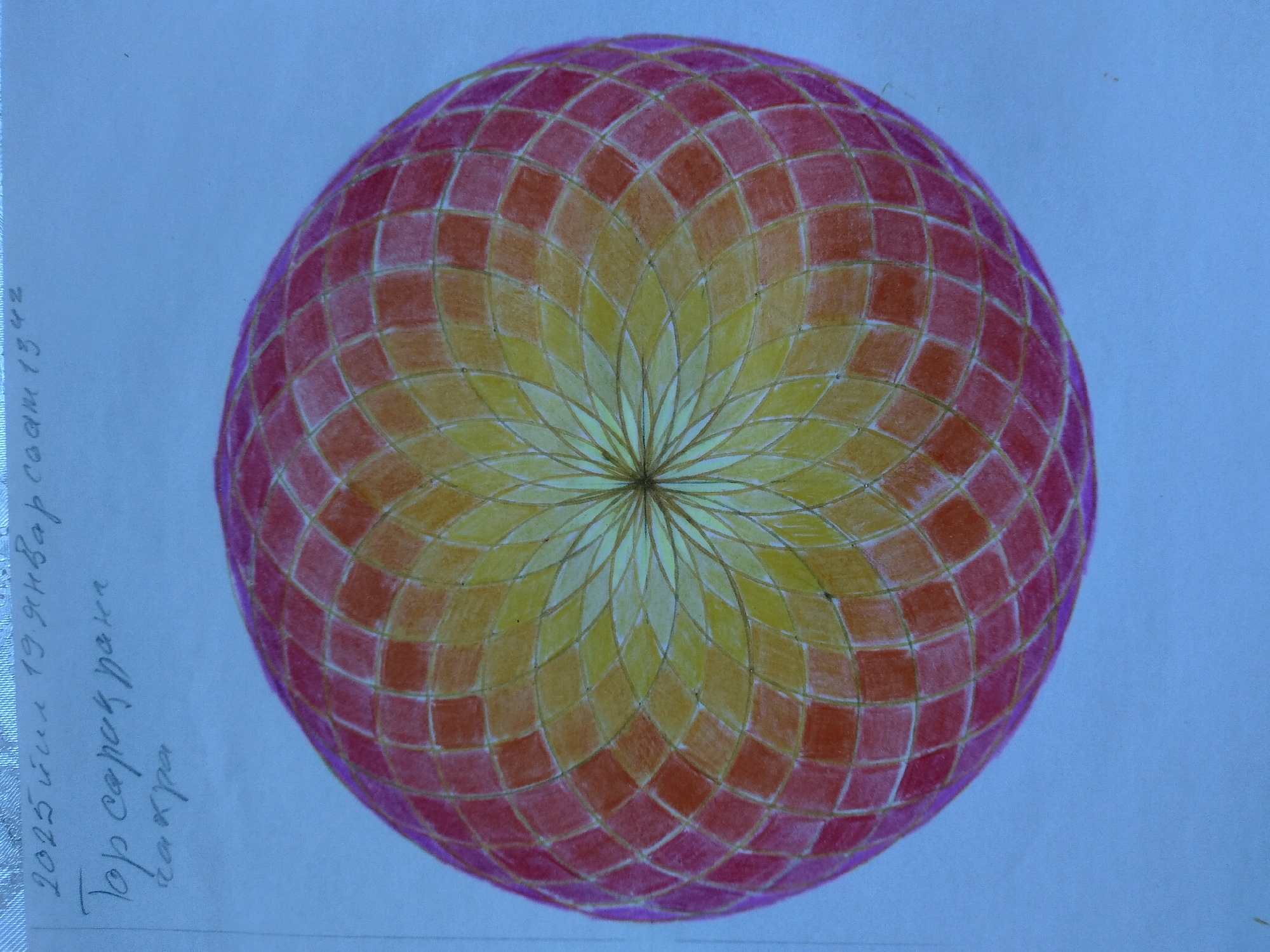 The image shows a drawing of a geodesic sphere or a faceted sphere with a floral or star-like pattern in the center. The sphere is colored in shades of yellow, orange, and pink, with the colors transitioning from the center outwards. The drawing is on a piece of paper that also contains handwritten text. The text appears to be in Russian and includes a date "2025 йил 19 январ" which translates to "January 19, 2025". Below the date, there is more text that reads "Тор сарак дача" and "чакра". The text and drawing are on a light blue background. There is no depiction of the city of Baki, Uzbekistan, nor any other specific geographical location. The image is a static artwork and does not contain any people, actions, or interactions.