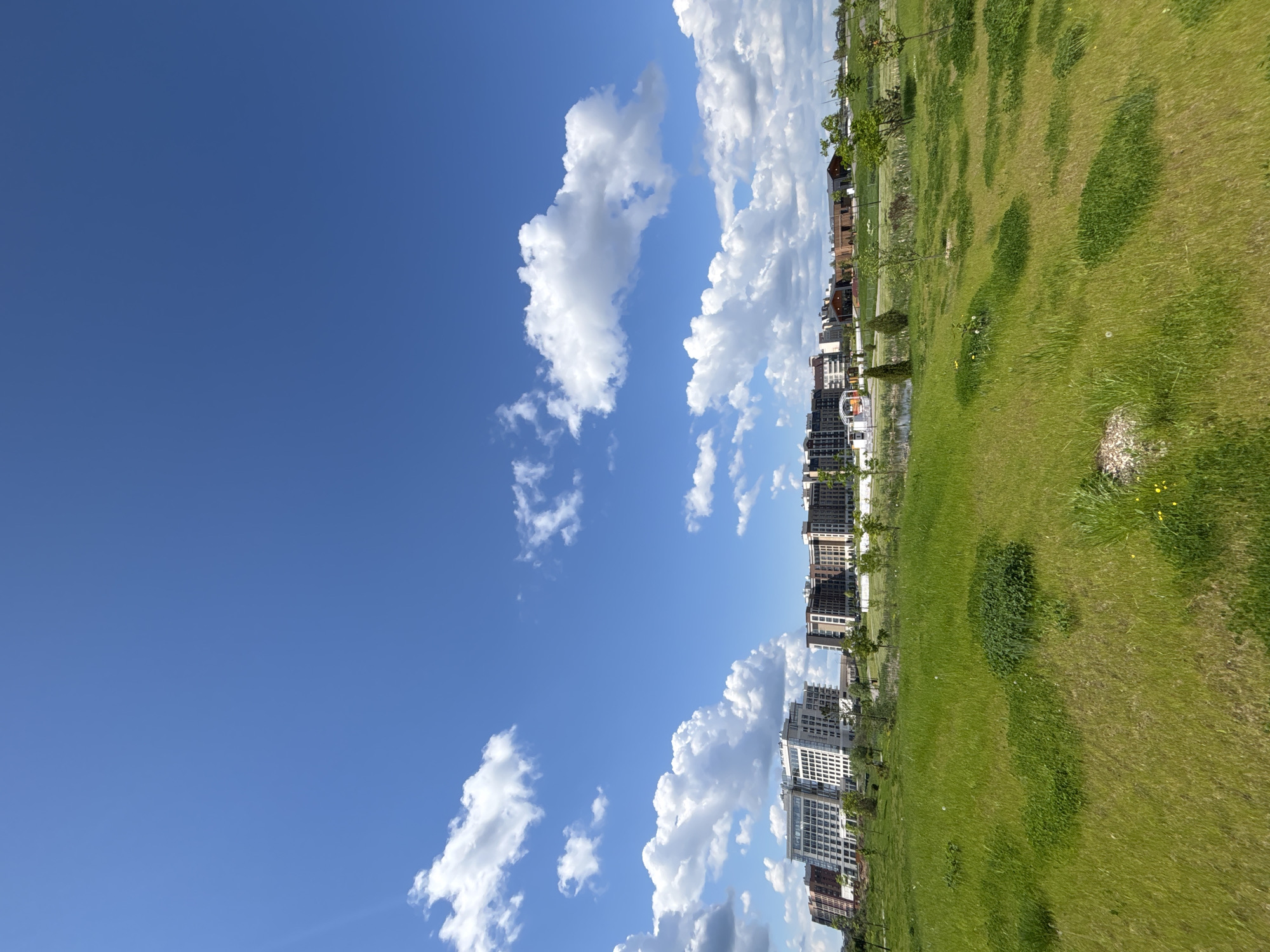 The image shows a park in Varaksino, Russia. The park features a large, well-maintained green lawn stretching towards the background. In the mid-ground, several multi-story apartment buildings are visible. The sky is bright blue with scattered white clouds. There are no people visible in the image.