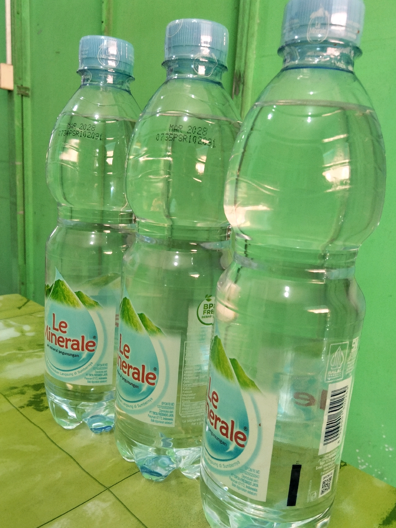 Three transparent plastic bottles of "Le Minerale" bottled water are arranged diagonally on a green patterned surface, with a green wall in the background. The bottles are filled with clear liquid and have blue caps. Each bottle displays a label featuring green mountains within a white water droplet graphic, the brand name "Le Minerale" in red text, and the Indonesian phrase "air mineral pegunungan" (mountain mineral water). Production and BPOM (National Agency of Drug and Food Control) information is visible on the labels of the bottles on the right. The bottle in the foreground on the left has a date code "MAR 2025" and "0735PSRI02G91" printed on it. The environmental setting suggests an indoor space, possibly a storage or display area. The scene does not contain any people or visible interactions. The location in the city of Panggang, Indonesia, is not explicitly indicated by any visual cues within the image itself.