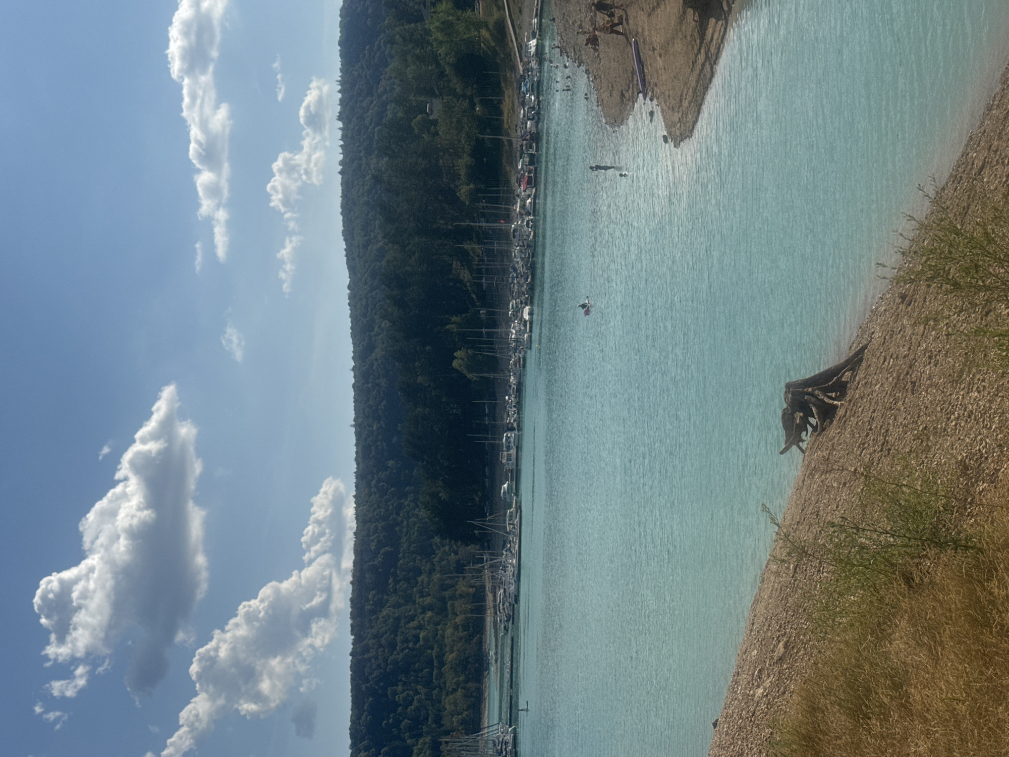 The image depicts a clear day at a lake in Maisod, France, likely the Lac de Vouglans. The turquoise water is calm, with a gentle shore of pebbles and dry grass in the foreground. A small group of people are visible on the shore and in the water, some swimming and others relaxing. A small boat is also present on the water, along with a stand-up paddleboard. In the background, a marina is filled with numerous sailboats and motorboats docked. Beyond the marina, a dense, green forest covers the rolling hills that rise up to meet a bright blue sky dotted with fluffy white clouds. The scene conveys a peaceful, recreational atmosphere during warm weather.