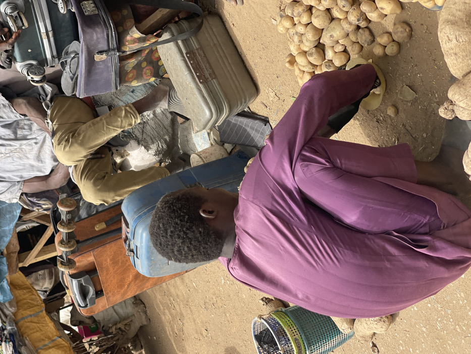 This image depicts an outdoor market scene in Zaria, Nigeria. In the foreground, a person with dark, short curly hair is squatting, viewed from behind, wearing a long-sleeved purple garment with subtle vertical stripes. This individual is positioned next to a pile of light-skinned potatoes or similar tubers on the sandy, dirt ground and appears to be handling or sorting them into a small yellow bowl. To their left, stacked light blue and lime green plastic baskets are visible.
In the mid-ground, behind the squatting figure, several pieces of luggage are stacked. These include an upright orange-brown wheeled suitcase, a light blue suitcase, a dark purple suitcase with a grey flip-flop resting on it, and a partially visible dark green suitcase. A rectangular, olive-green container with a latch is on the ground to the right of the purple-clad person.
Further back, partially obscured, a second person is seated, wearing a light-colored, possibly striped shirt and khaki pants. Their bare feet and a dark slide sandal are visible. The background reveals a makeshift shelter structure composed of wooden poles and draped tarpaulins or fabrics in blue and orange hues. The ground is consistently a reddish-brown dirt.