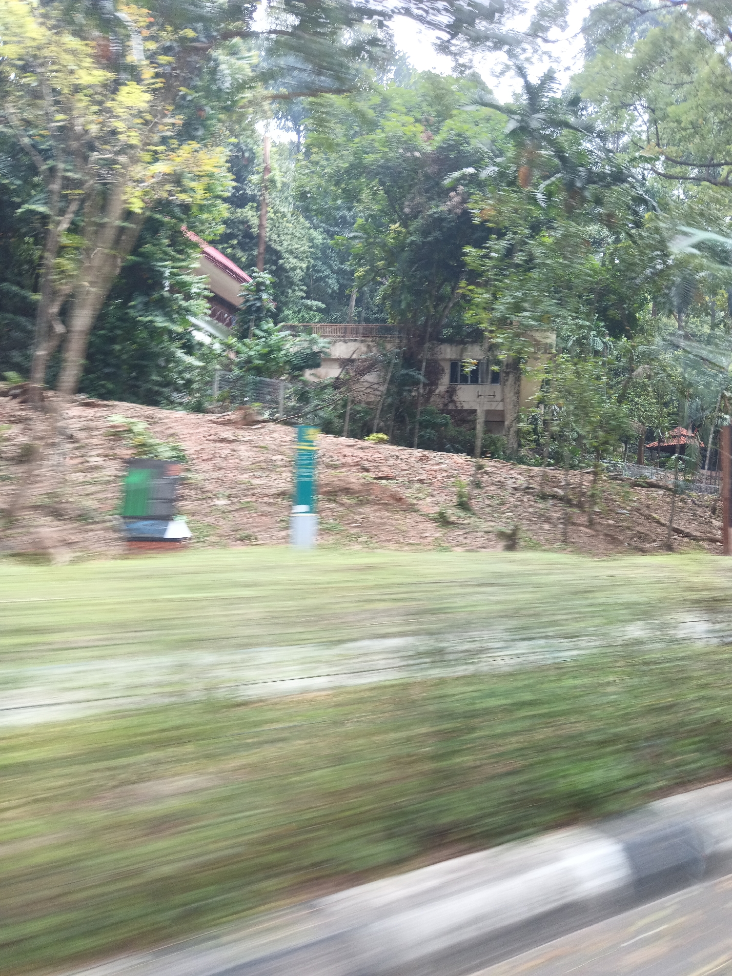 The image depicts a blurred outdoor scene, suggesting movement. In the background, partially obscured by lush green foliage, are several structures. One is a light-colored building with a red-tiled roof, situated on a slope covered in dry earth and scattered vegetation. To the right of this building, another building with dark windows and a concrete facade is visible. Further to the right, a smaller structure with a red roof and open sides is present, with a fence line running behind it. In the middle ground, on the sloped terrain, there are two tall, thin green poles with white tops. In the foreground, a blurred expanse of green grass and a grey and white striped border, likely a road or sidewalk, are visible, reinforcing the sense of motion. Given the presence of these structures and the dense tropical vegetation, the scene could be within the grounds of a park, nature reserve, or a residential area with extensive landscaping in Kuala Lumpur, Malaysia.