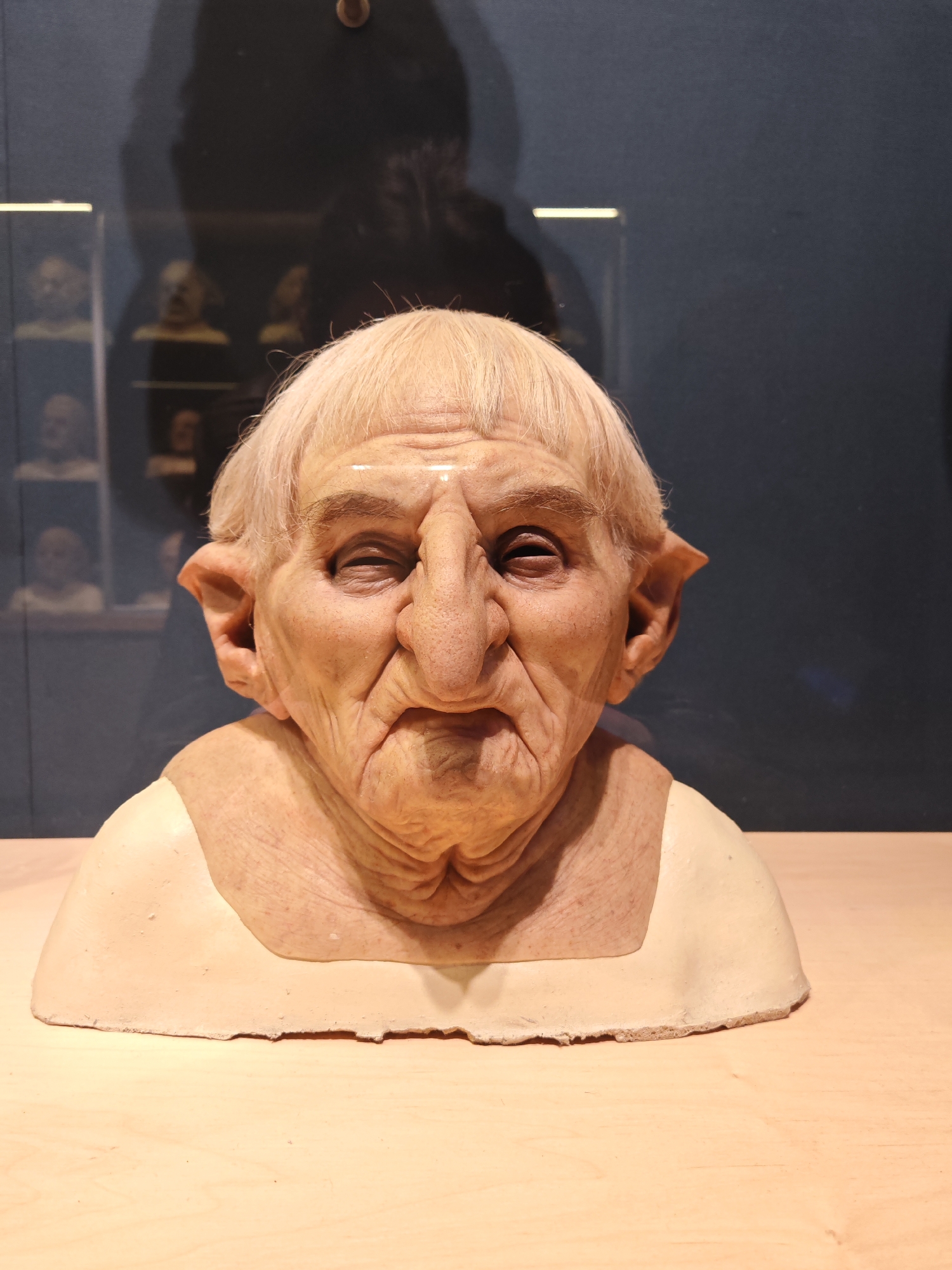 A bust of an elderly person with a pronounced nose and pointed ears is displayed on a light-colored wooden surface. The bust has pale skin and short, white hair. The backdrop is a dark blue wall, reflecting a shadowy figure and a display case filled with similar busts in the background. The image was taken indoors. The location is the city of Watford, United Kingdom.