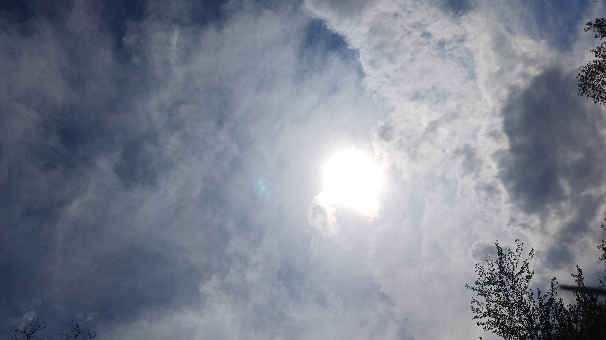 The image shows a sky scene taken from below. The sun is visible through a layer of clouds, creating a bright, diffused glow. There are various types of clouds, some darker and more dense, others thinner and lighter, filling the sky. Tree branches are visible in the bottom right and bottom left corners. The location is Gorna Verenitsa, Bulgaria.