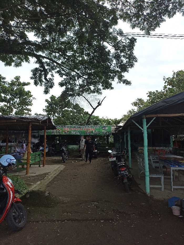 This media file captures an informal outdoor eating area, likely a collection of warungs, under the shade of dense trees. The scene is characterized by a dirt ground path leading through the establishment. Large, leafy trees dominate the upper portion of the image, with electrical wires visible horizontally across the cloudy sky.
On the left, a red scooter with a light blue helmet is parked in the foreground. Behind it, an open-sided shelter with a dark roof and wooden supports houses green benches and tables, where a person wearing a head covering is seated. In the central dirt path, two men are walking towards the viewer; one wears a black shirt, and the other a lighter-colored shirt.
A green banner, prominently displayed on a structure in the background, advertises "WAROP BAROKAH 24H MIE AYAM & BAKSO," indicating a 24-hour eatery specializing in chicken noodles and meatball soup. A Wi-Fi logo is also visible on the banner. To the right, another open-sided dining area features a dark roof, supported by light blue or green poles, with multiple tables and benches arranged inside. Several dark-colored motorcycles are parked along the path and near this structure, with one license plate reading "K 2978 QY". A small red bucket sits on the far right.
The time of day appears to be daytime under an overcast sky, suggesting a cloudy period. The setting, with its casual open-air structures and local food offerings, is typical of roadside eateries in Kepung, Indonesia, offering a relaxed environment for patrons.