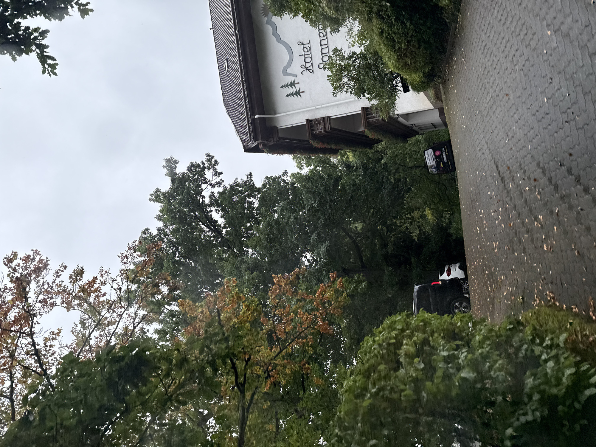 The image depicts a hotel in Bad Sachsa, Germany, identified by the sign "Hotel Sonnental" on the building's facade. The hotel is a multi-story structure with a white exterior and a dark tiled roof. It features balconies with wooden railings and is surrounded by lush green trees, some of which are displaying autumn colors. The driveway leading to the hotel is paved with interlocking bricks and is wet, indicating recent rain, with scattered fallen leaves on the surface. Two vehicles are visible: a black van parked further up the driveway and a white car parked behind a black vehicle, partially obscured by foliage on the left side of the image. The sky is overcast, contributing to a muted color palette and a potentially damp atmosphere. The scene appears to be a quiet approach to the hotel, with the natural environment playing a significant role in the composition.
