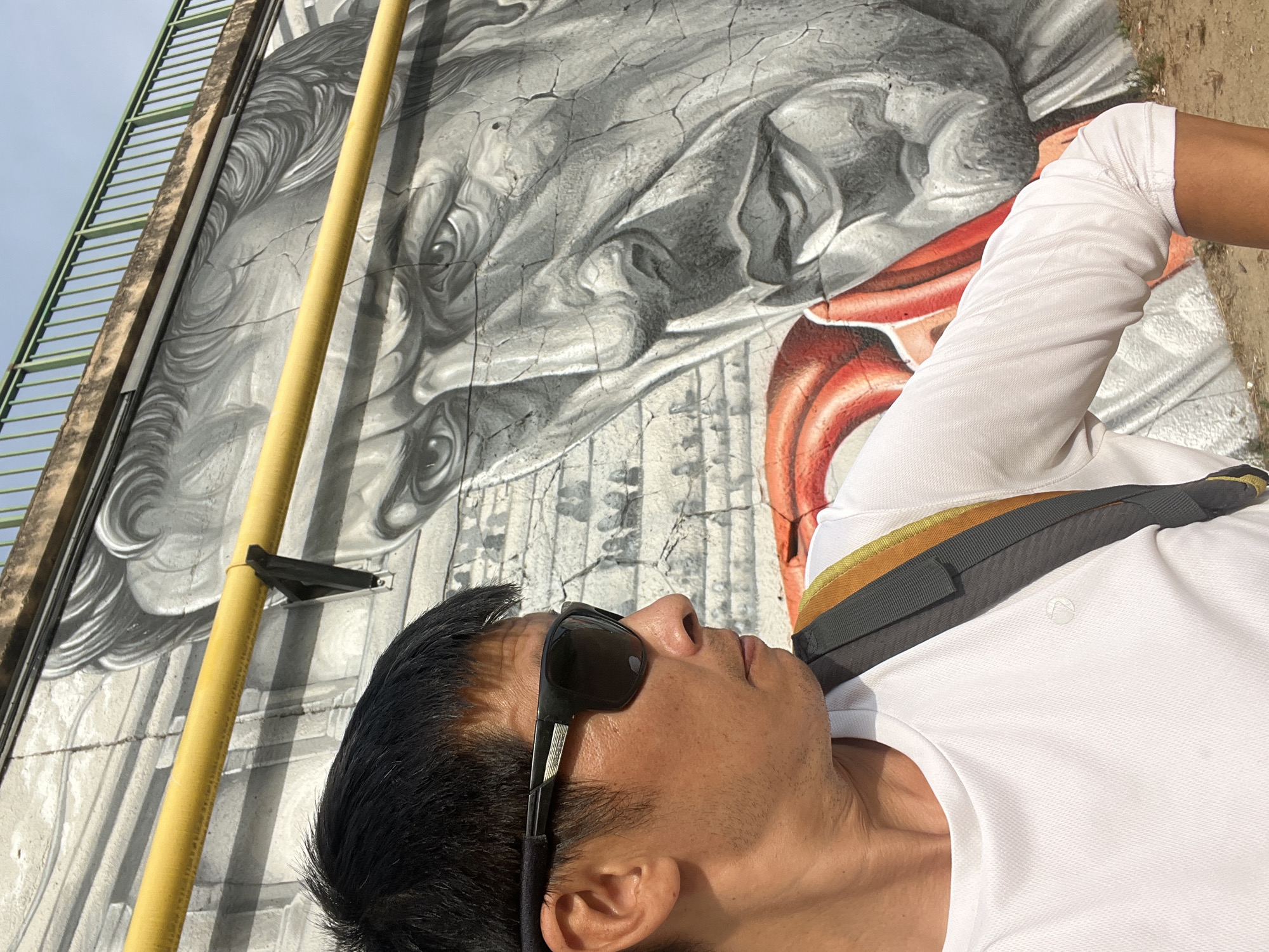 A man wearing sunglasses, a white t-shirt, and a backpack stands in front of a large mural on a concrete wall. The mural is a black and white depiction of a man's face with intense eyes. A yellow pipe runs horizontally across the mural. A green metal railing is visible at the top of the image. The man is looking to his left, and his face is partially obscured by sunglasses. The mural appears to be located outdoors, with a blue sky visible in the background. The man's attire suggests he might be on a walk or hike.