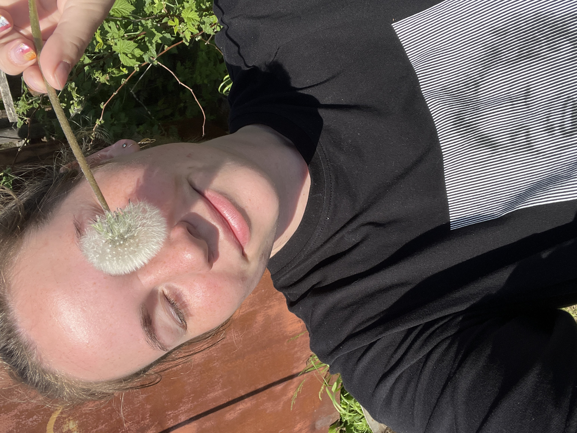 A young light-skinned person with blonde hair is lying on a reddish-brown surface, possibly wood, with green grass and vegetation surrounding the edges. The person is wearing a black long-sleeved shirt with white horizontal stripes. A dandelion seed head is held in front of their closed left eye. The person's right eye is also closed, and their face is tilted. The person's left hand holds the stem of the dandelion. The location is likely Сосново, Russia.
