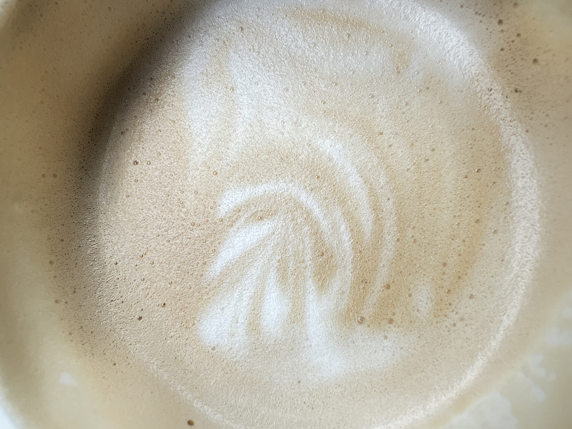 A close-up, overhead shot captures the foamy surface of a latte. A delicate leaf-like pattern, created by milk art, is etched into the cream-colored foam. The foam itself is textured with tiny bubbles, some lighter and some darker brown, indicating the presence of coffee. The lighting is soft, highlighting the creamy textures and the subtle swirl of the milk art. This image does not contain information about any specific location in Chaikovsky, Russia, nor does it depict any people, actions, or interactions.