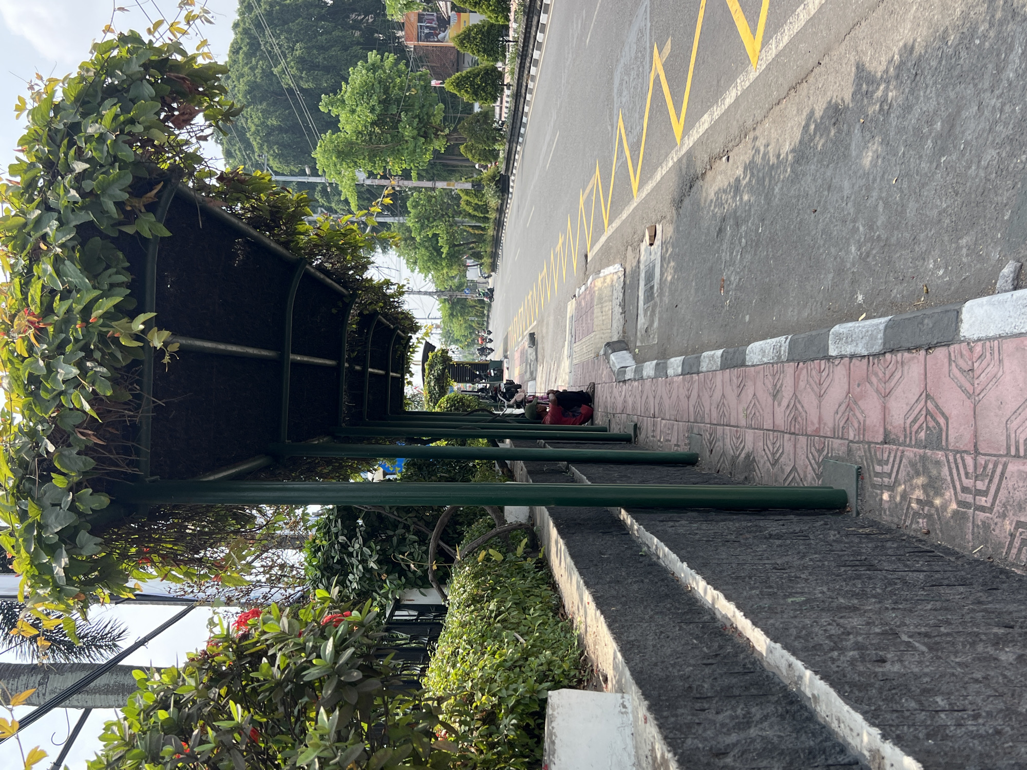 The image depicts a bus stop with a covered shelter, its roof adorned with dense green foliage and some red flowers. The shelter is supported by green metal poles and is situated along a sidewalk made of red and grey patterned tiles. To the left of the sidewalk is a low, dark stone wall topped with a white ledge, behind which are neatly trimmed green bushes and some flowering plants with red blossoms. Beyond the bushes, a black metal fence is visible, and further back, a large palm tree trunk and other lush greenery are present.
On the sidewalk, in the mid-ground, a person wearing a red shirt and dark pants is sitting with their back to the camera, facing the road. They appear to be resting or waiting. To the right of the sidewalk is a paved road with clear yellow zigzag markings, indicating a specific traffic zone or warning. Traffic cones are not visible. The road stretches into the distance, lined with trees and some buildings. Several motorcycles are visible on the road in the distance, with riders on them, suggesting ongoing traffic. The sky is bright and overcast, indicating daytime.
The scene appears to be in a relatively urban or suburban area, with a mix of natural elements like trees and plants integrated into the urban infrastructure. The presence of a bus stop, paved roads, and buildings suggests a developed area. Based on the style of architecture, greenery, and general ambiance, this scene could plausibly be located in Yogyakarta, Indonesia.