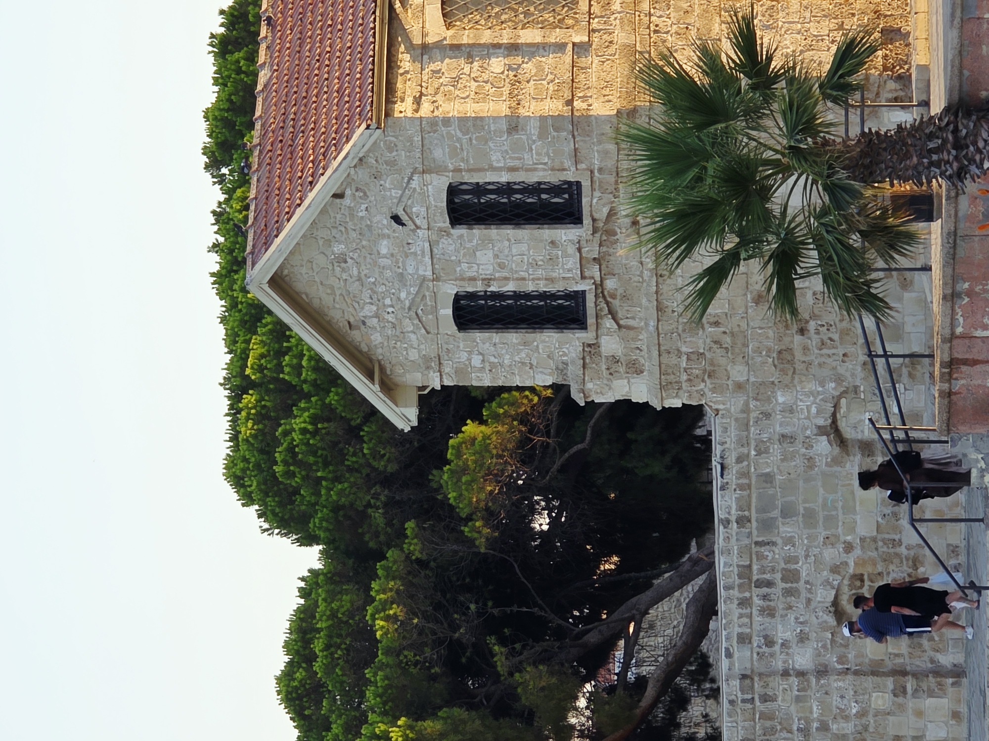 The image shows a stone building with a red tile roof, possibly a church or historical structure, in Larnaca, Cyprus. The building has two arched windows with black wrought-iron grilles. A lone black bird is perched on the roofline above the windows. In front of the building, a young palm tree stands with its fronds reaching towards the sky. To the left of the building, a thick canopy of green pine trees provides a dark backdrop, with some sunlight filtering through, illuminating parts of the branches and needles. In the foreground, a stone wall surrounds the building, and a set of stairs with a black railing leads up towards the entrance. Three people are visible: two men walking on a path alongside the wall, one wearing a blue and white striped shirt and white shorts, and the other in a black t-shirt and black shorts. A third person, a woman wearing a dark brown dress and headscarf, is ascending the stairs. The overall scene suggests a warm, sunny day, likely late afternoon due to the angle of the sunlight casting shadows.