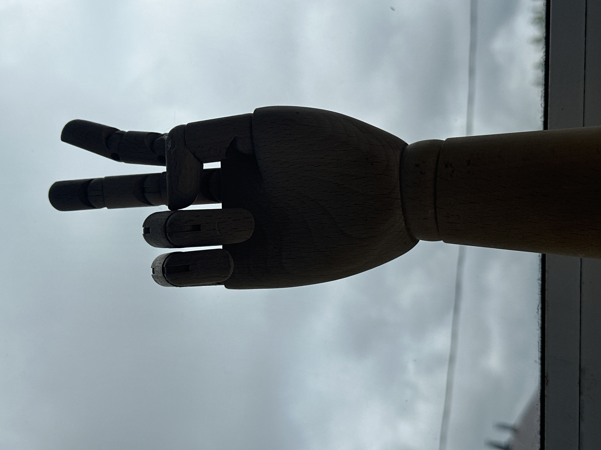 A wooden artist's mannequin hand is silhouetted against a cloudy sky, held in a peace sign gesture. The hand is dark brown and appears to be made of multiple jointed pieces, allowing for articulation. The fingers are clearly defined, with the index and middle fingers raised. The background is a uniform, overcast gray sky. Below the hand, a windowsill is visible, with a faint outline of what might be a rooftop or trees in the far distance. The overall scene is dimly lit, likely due to the cloudy conditions.