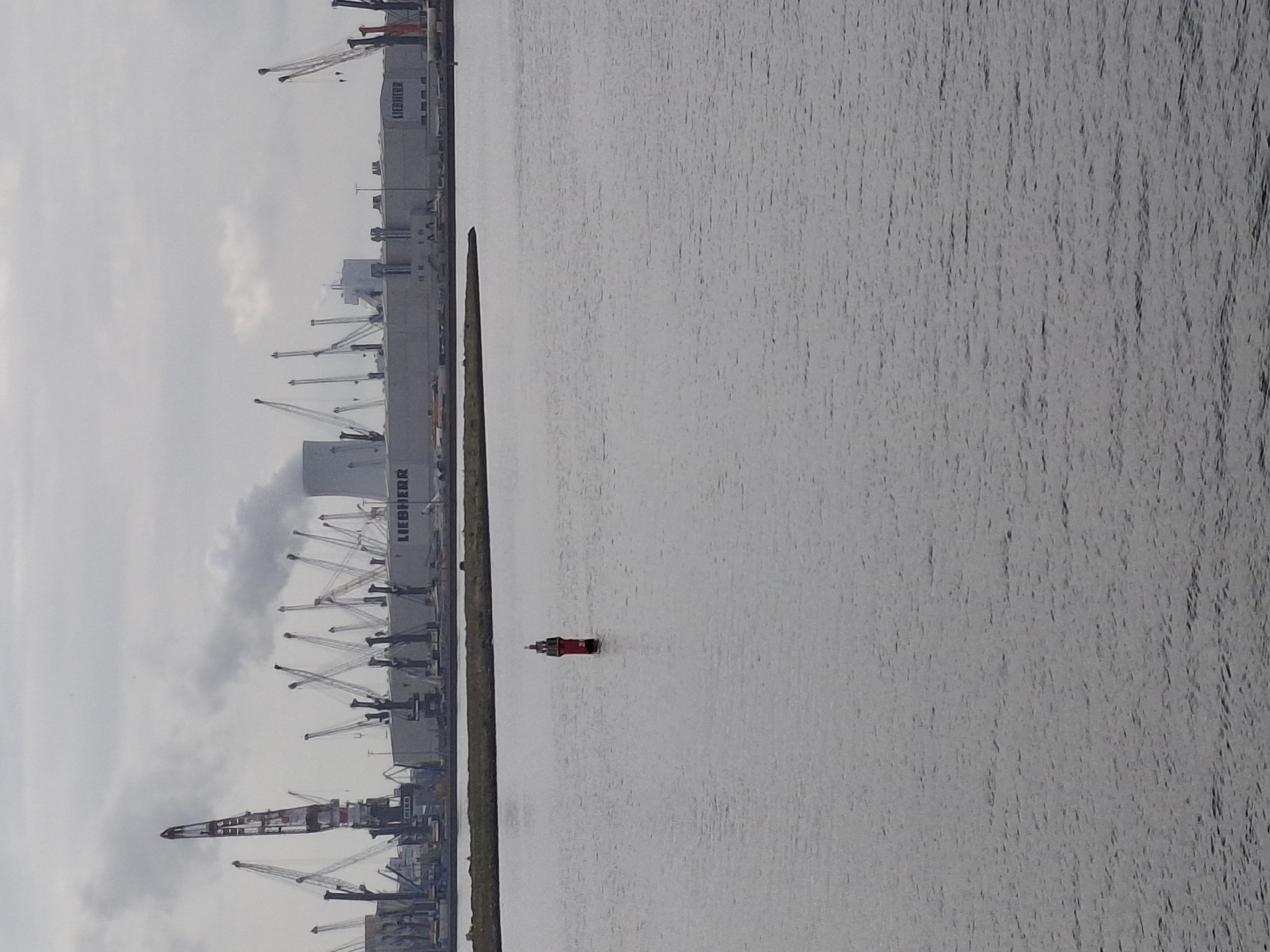 The image shows a cityscape next to water, likely a harbor or riverfront. There are industrial buildings, including what appears to be a Liebherr crane manufacturing facility, given the cranes and the large "LIEBHERR" signage. In the water, there is a small red navigational buoy. The setting is likely Rostock, Germany, because Liebherr has a large crane manufacturing facility there. The sky is overcast, indicating a potentially cloudy day. The water has a rippled texture, suggesting slight wind.