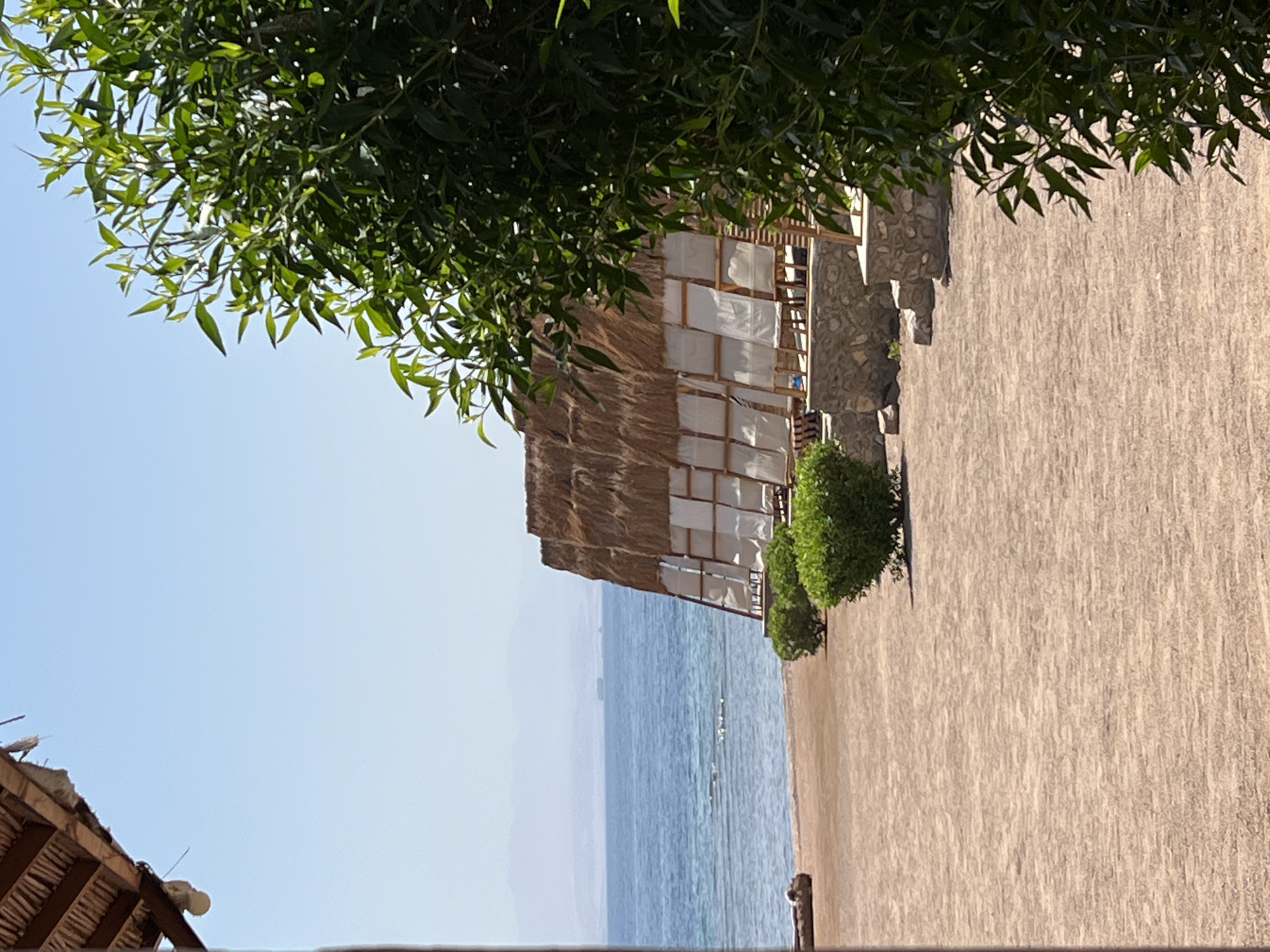 The image depicts a tranquil beach scene in an unknown location in Egypt. In the foreground, a sandy beach stretches out, with a wooden beam resting on the left side. The middle ground features a row of thatched-roof cabanas with white fabric coverings, set against a backdrop of lush green bushes. Beyond the beach lies the calm, blue sea, with distant mountains and a cargo ship visible on the horizon under a clear, bright sky. The overall atmosphere is one of serene relaxation, characteristic of a coastal resort.