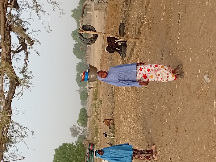 Two women are positioned in a rural setting. One carries a stack of bowls on her head, dressed in a blue shirt and star-patterned skirt. The other woman is clad in a blue robe and patterned skirt. A tree with sparse foliage is visible on the left. In the background, a structure with tires is present, along with cattle grazing in the field. The ground is dry and barren.