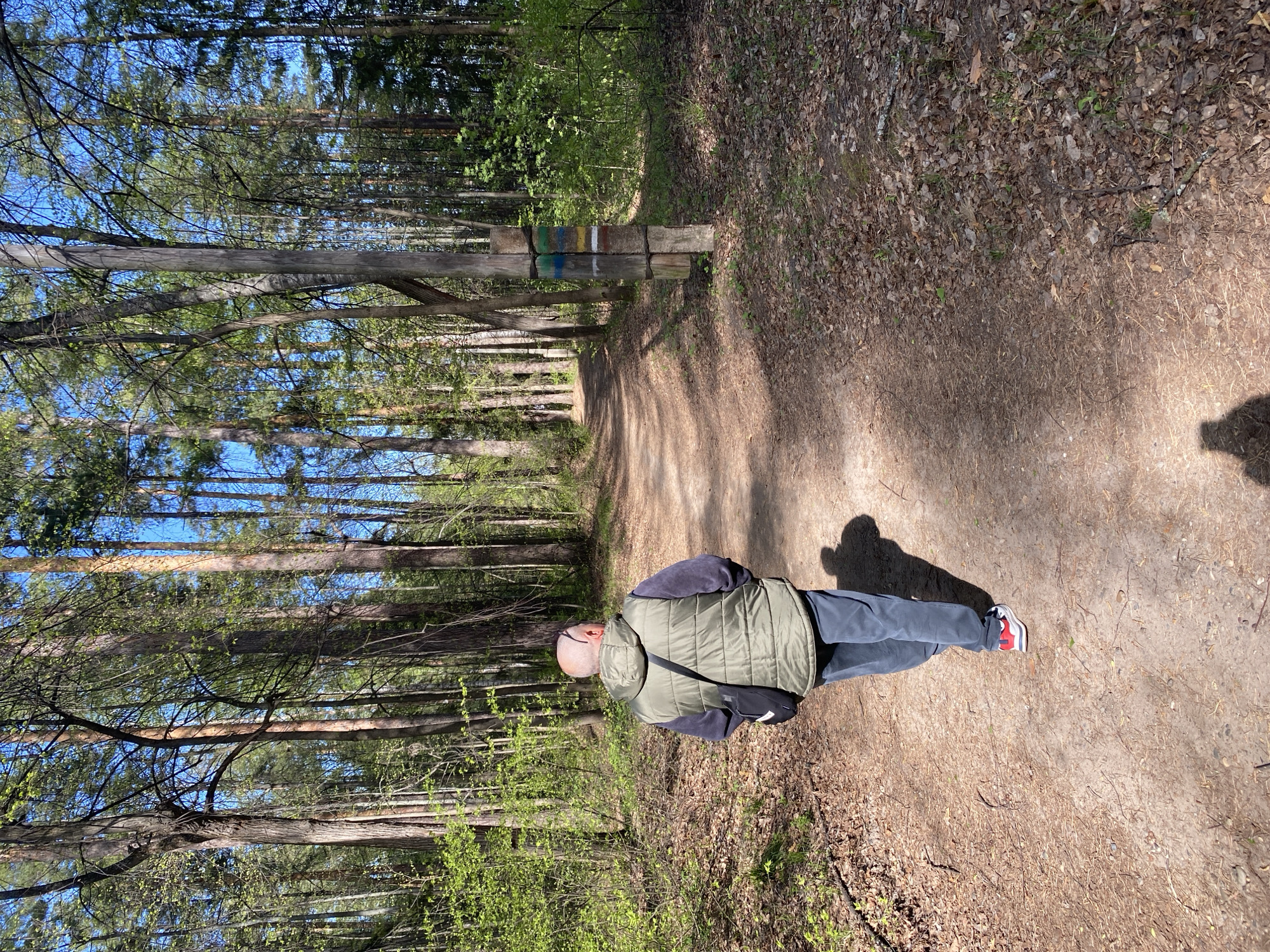 A man stands on a dirt path running through a forest of tall trees. He is bald and wears a green vest, dark pants, and red and white sneakers. A black bag hangs from his shoulder. The path stretches into the distance, marked by wooden posts with colored stripes. Sunlight filters through the trees, casting shadows. The location is in Noviy, Russia.