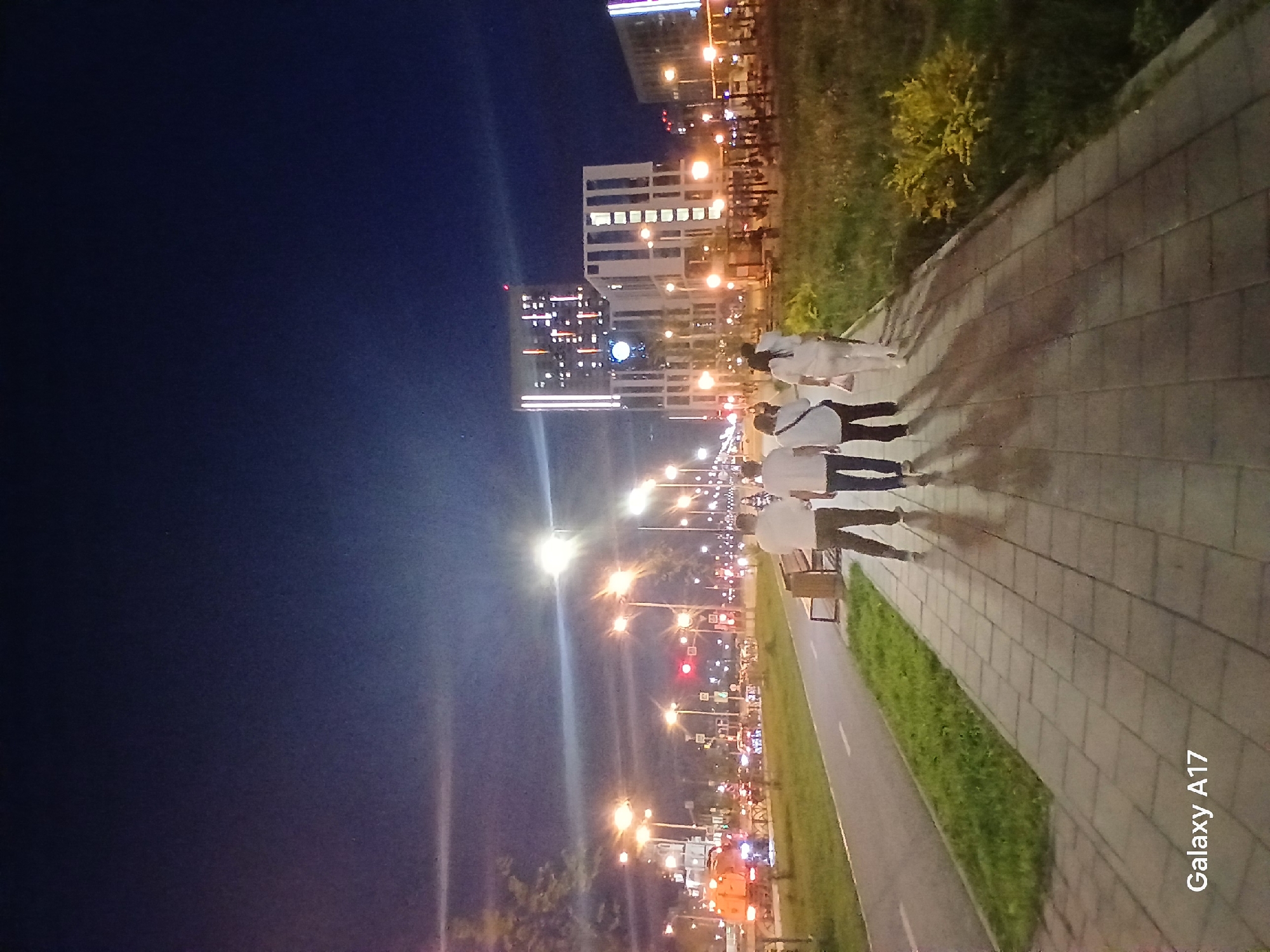 A nighttime scene in Yekaterinburg, Russia, shows a group of four people walking along a paved pathway bordered by a narrow strip of green grass and a wider area of vegetation. The background features a city street with lampposts and buildings illuminated. The sky is dark.