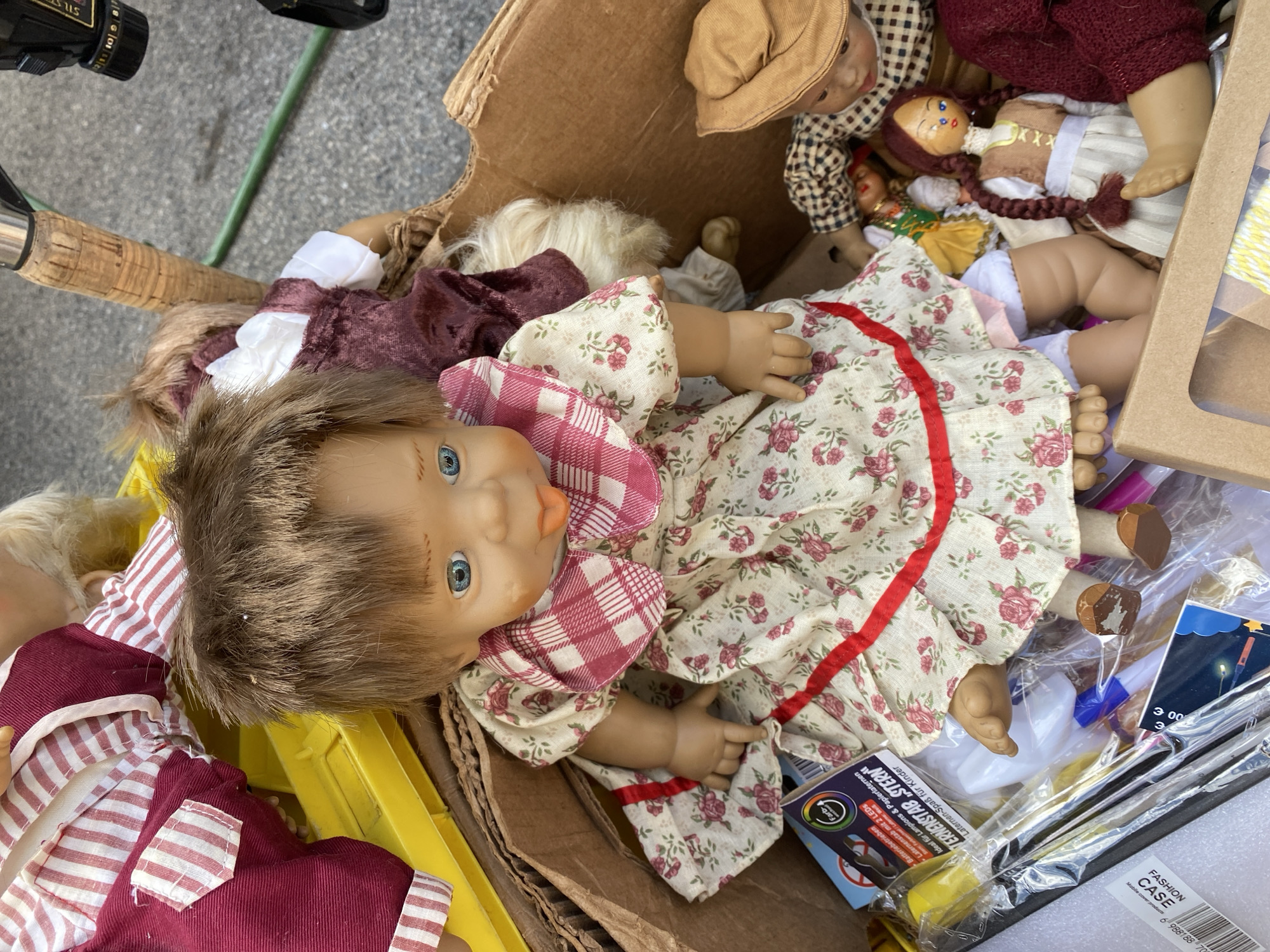 This is a close-up, overhead shot of a collection of dolls in a cardboard box, possibly at an outdoor market in Vienna, Austria. The primary focus is on a large baby doll wearing a floral-print dress with a pink and white checkered collar. Its body appears to be made of plastic, and it has brown, somewhat disheveled hair and blue eyes. The doll's tongue is sticking out slightly.
To the left of the baby doll, a portion of another doll is visible, wearing a red and white striped outfit. Further to the right, a doll with a brown hat and checkered shirt is visible, as well as a smaller doll with braided brown hair wearing a traditional-looking dress. Another doll, wearing a burgundy knitted garment, is partially visible on the far right. The background shows a greyish, rough surface, possibly asphalt or concrete, and a green hose. Scattered within the box are various small, unidentifiable objects, some of which appear to be in plastic packaging.