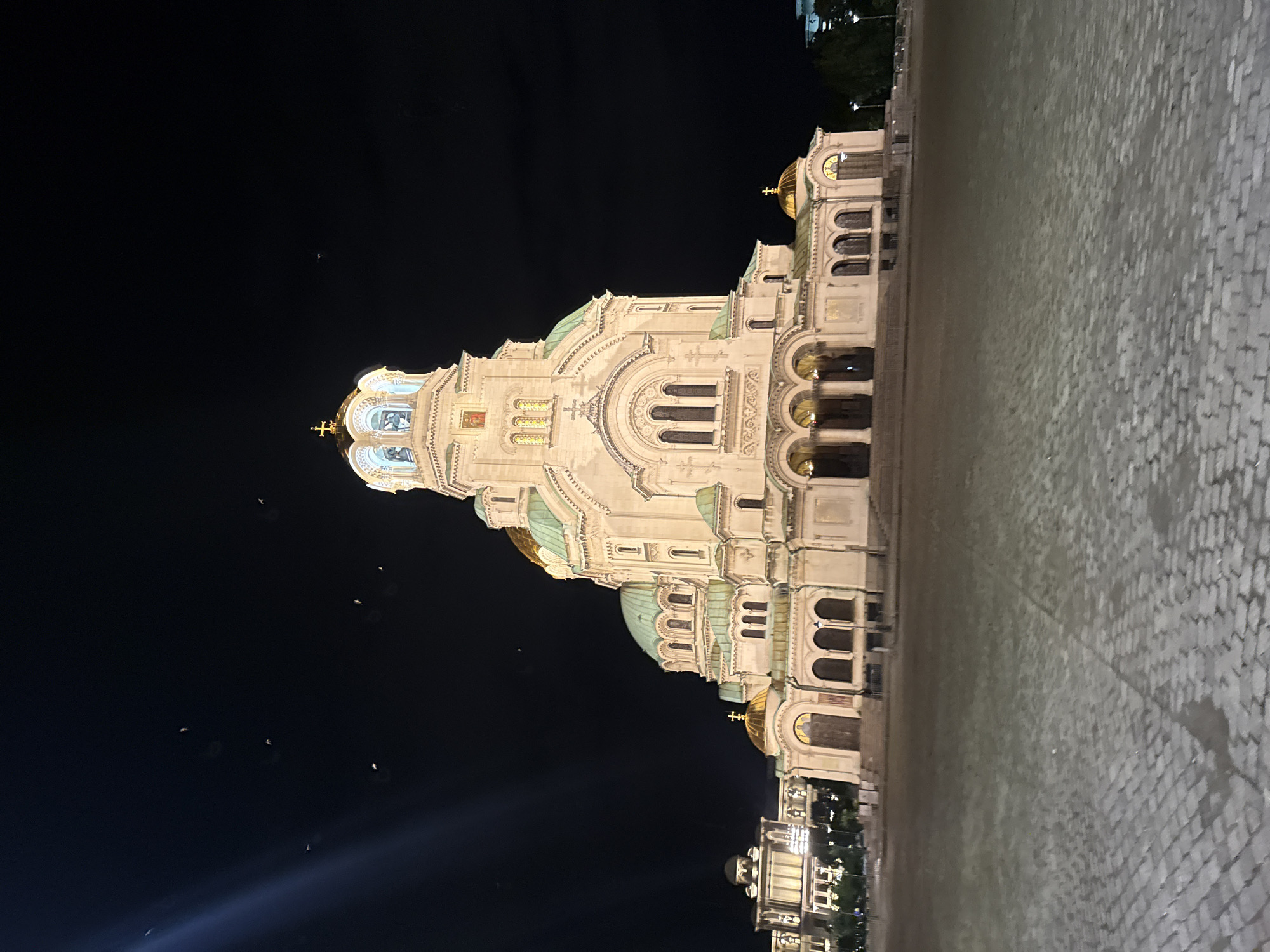 The image shows the Alexander Nevsky Cathedral in Sofia, Bulgaria, at night. The cathedral is a large, domed Orthodox church illuminated by artificial lights, highlighting its beige facade and green and gold domes. The sky is dark, with some blurry, light-colored shapes that appear to be birds or insects. In the foreground, there is a wide, cobblestone plaza. To the left of the cathedral, a modern-looking building is visible, also lit up. Trees can be seen on the right side of the image. The scene appears to be a public space, likely a tourist attraction or a significant landmark in Sofia.